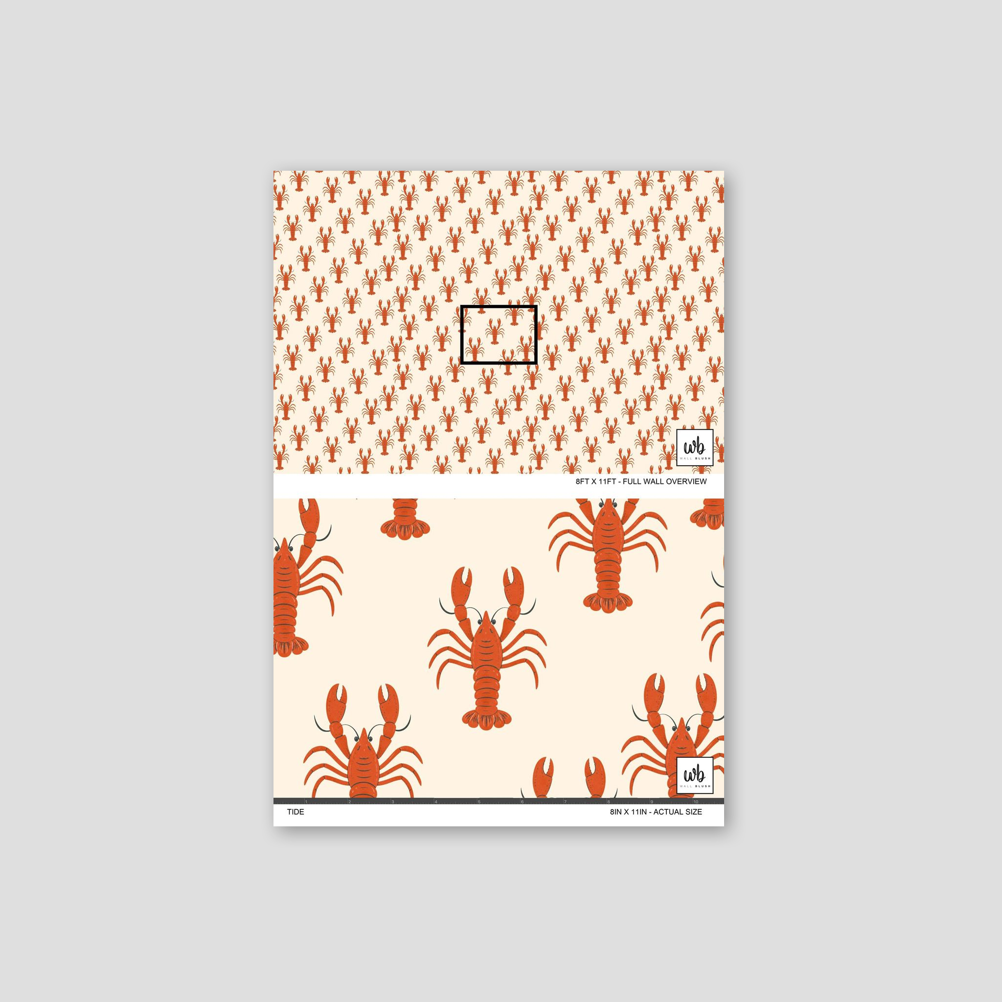 Lobster motif wallpaper on cream background with coastal theme.