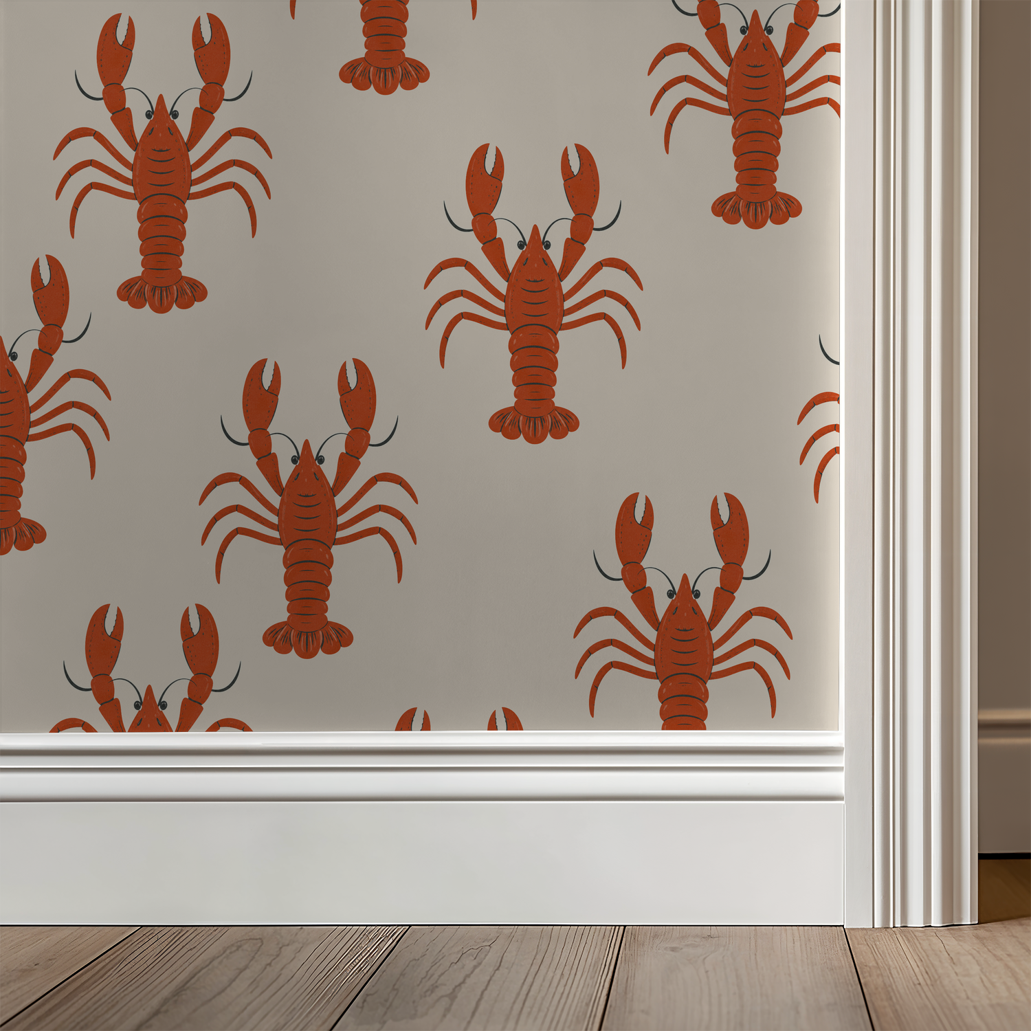 Lobster motif wallpaper on cream background in a room setting.