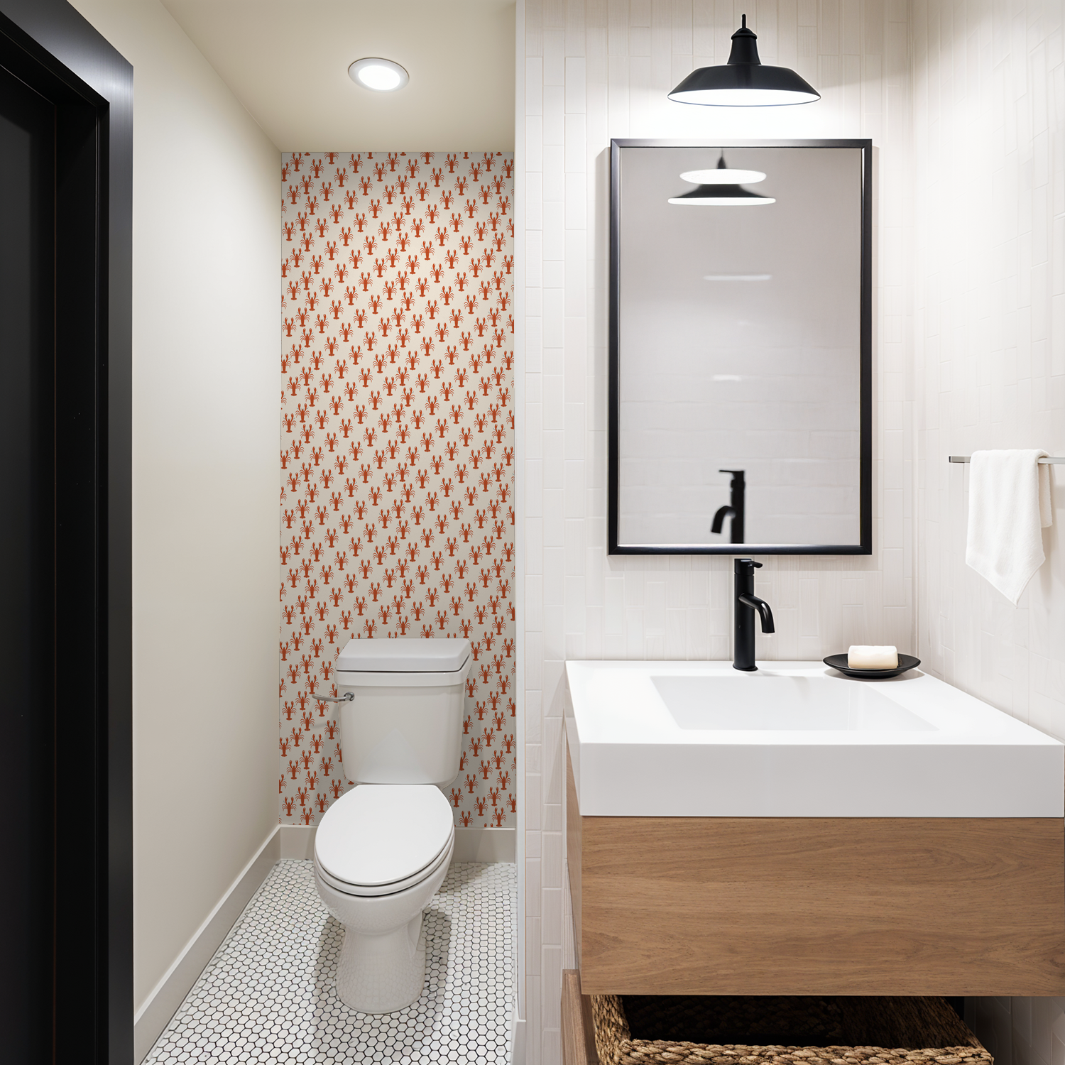 Bathroom with lobster motif wallpaper on cream background, modern decor.