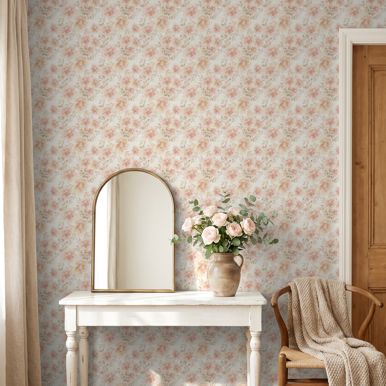 Mabel Floral wallpaper with blush and cream watercolor flowers in elegant room setting.