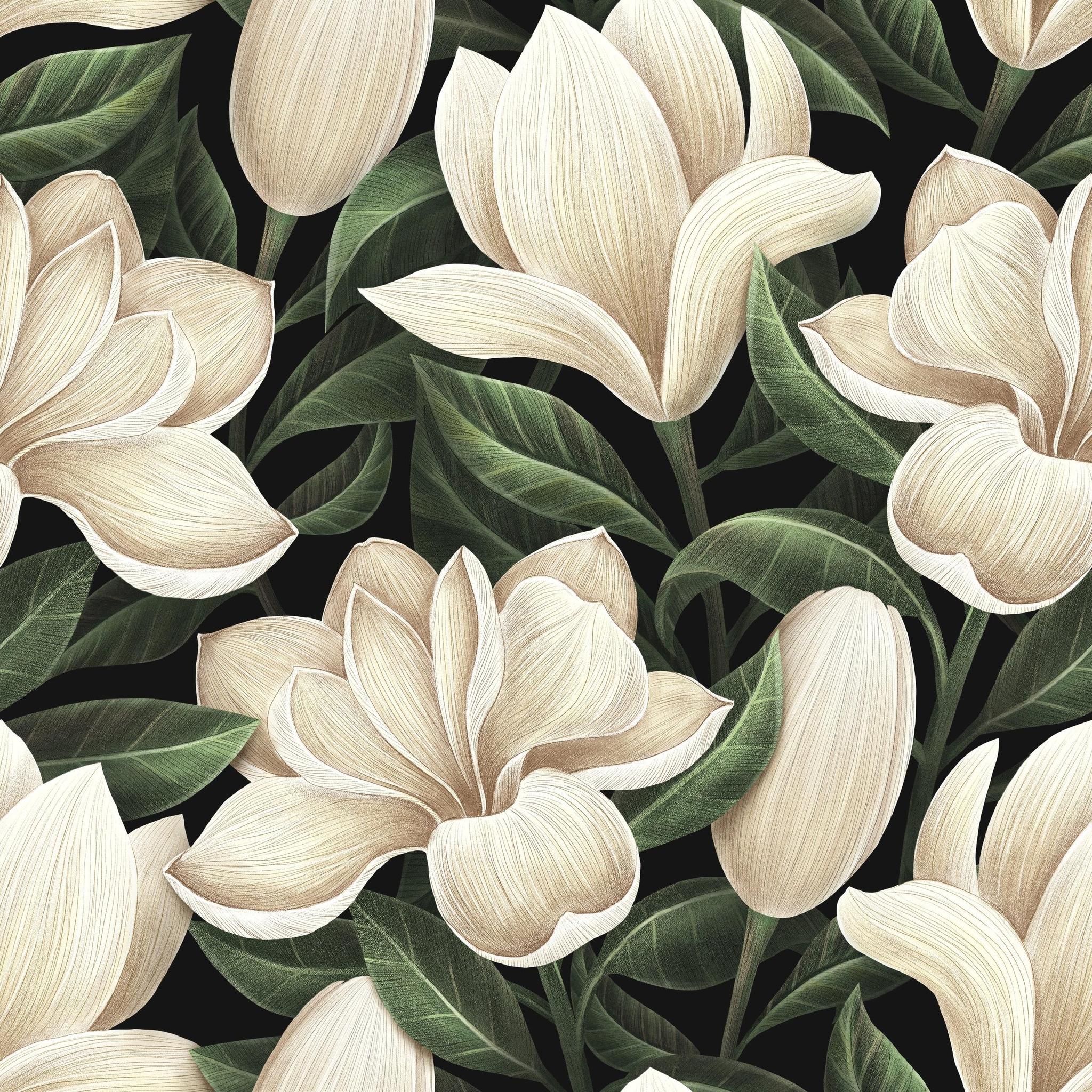Alt: Elegant Magnolia Wallpaper by Wall Blush SG02 accentuating a bedroom's decor with a botanical motif focusing on the wall.