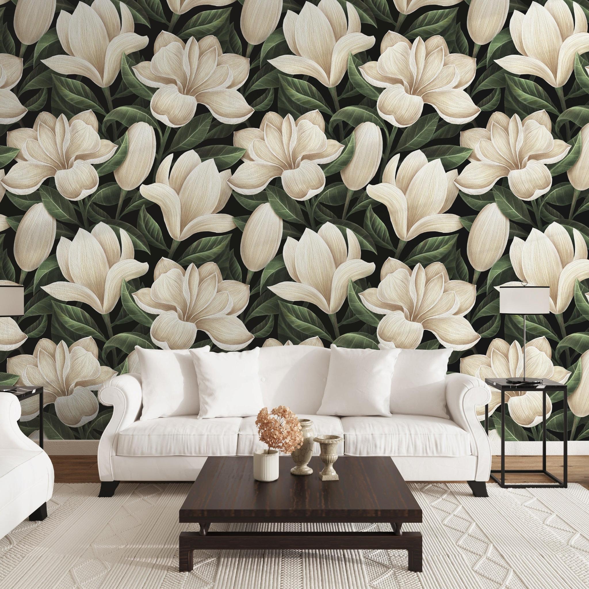 Alt text: Elegant living room featuring Wall Blush SG02 Magnolia Wallpaper as a stunning focal point.