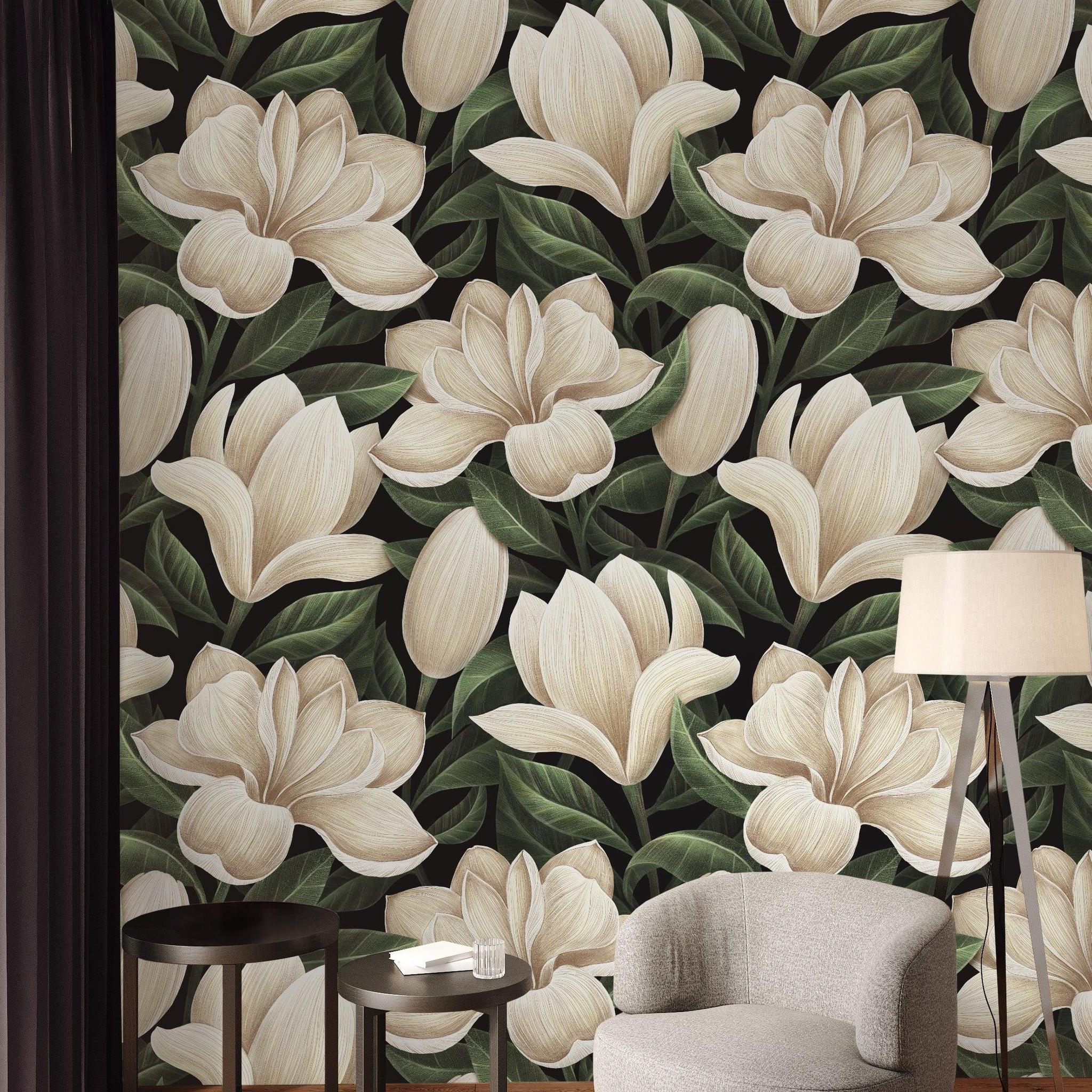 Stylish cozy corner with Wall Blush SG02 Magnolia Wallpaper in modern living room setting, with accent chair and lamp.