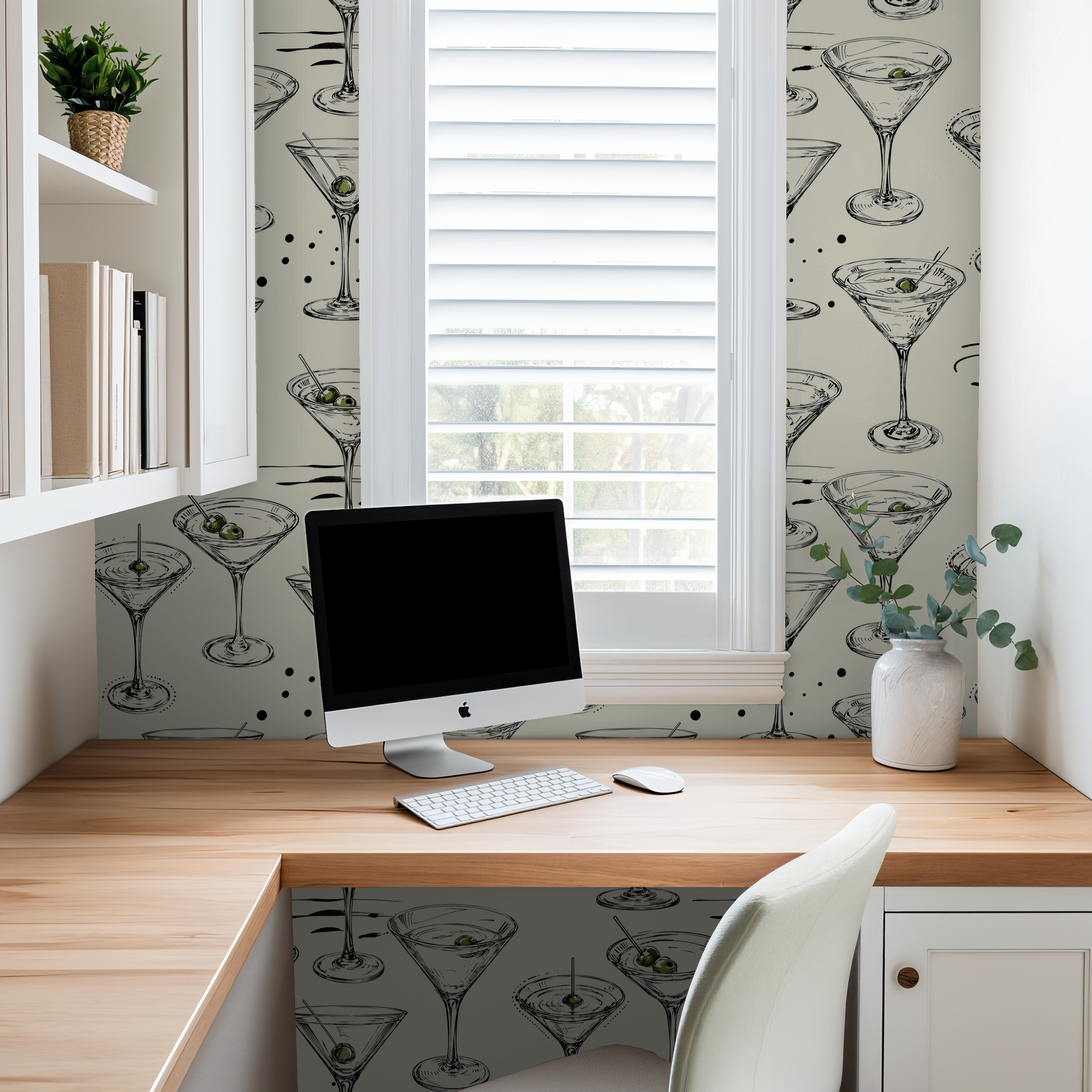 Martini glass wallpaper with olives in a modern home office setting.