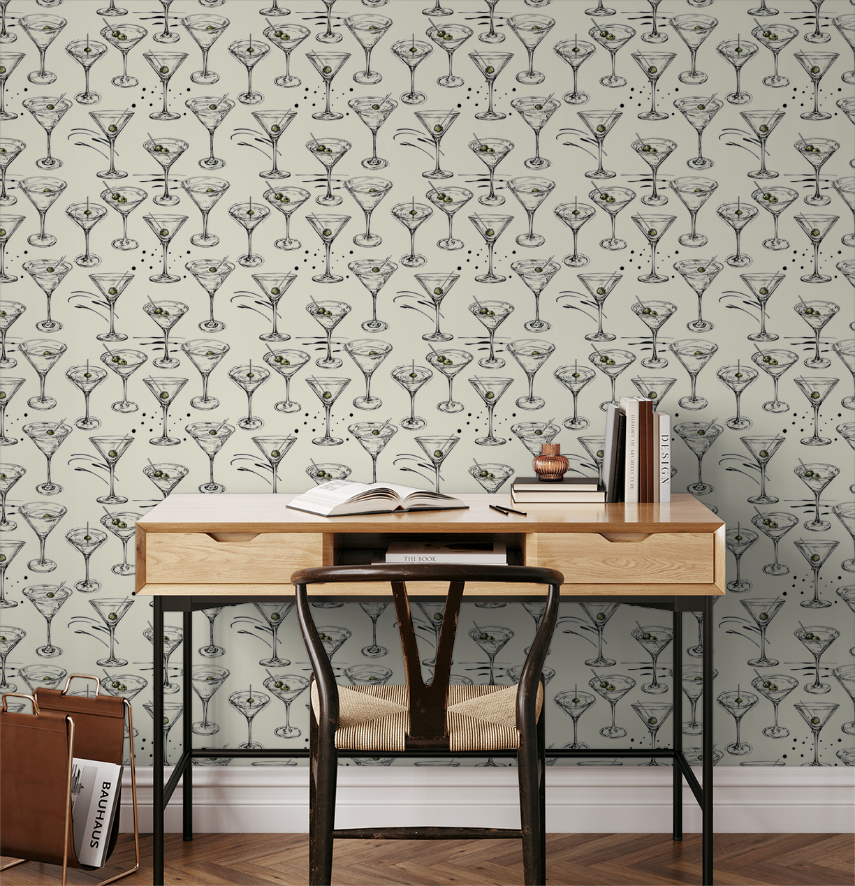 Martini glass wallpaper with olives on cream background in modern study room.