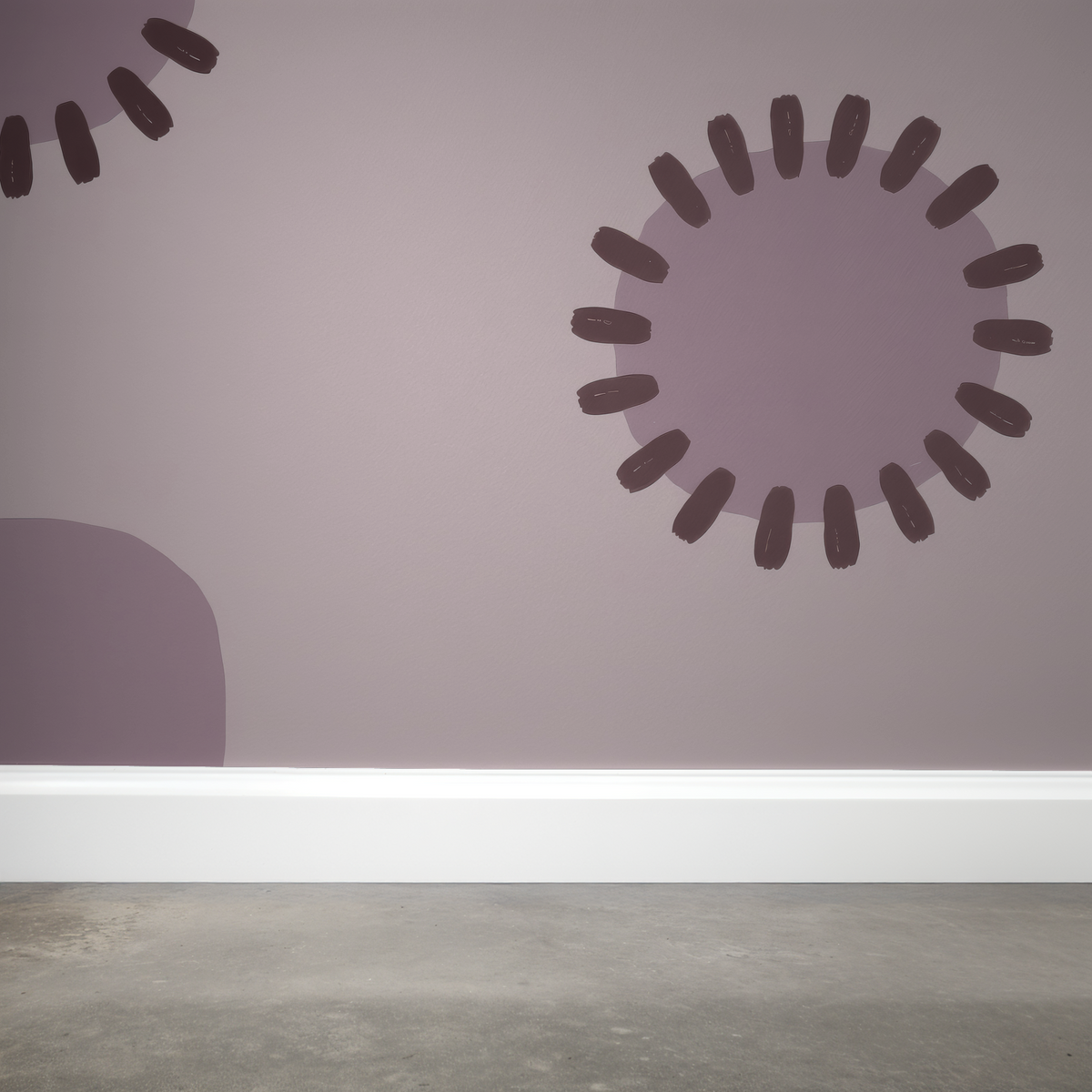 Mauve wallpaper with abstract lavender circles and brushstroke pattern in modern room.