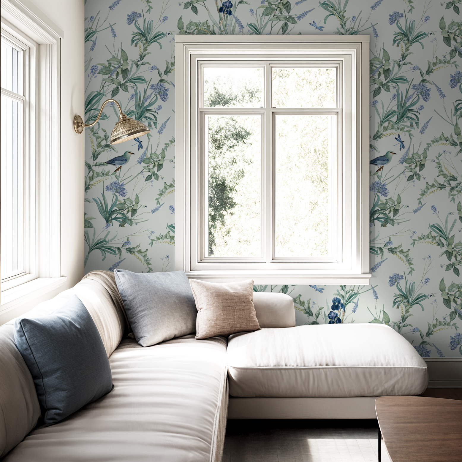 Mint floral wallpaper with birds and botanicals in bright living room.