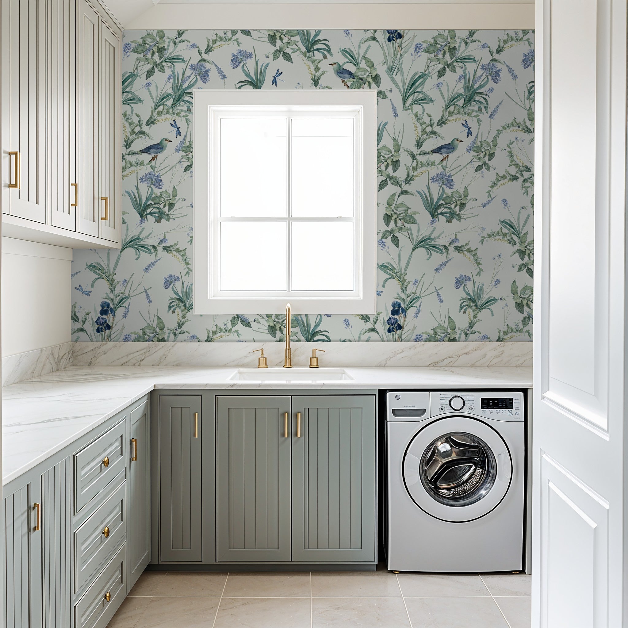 Mint floral wallpaper with birds and botanicals in a modern laundry room setting.