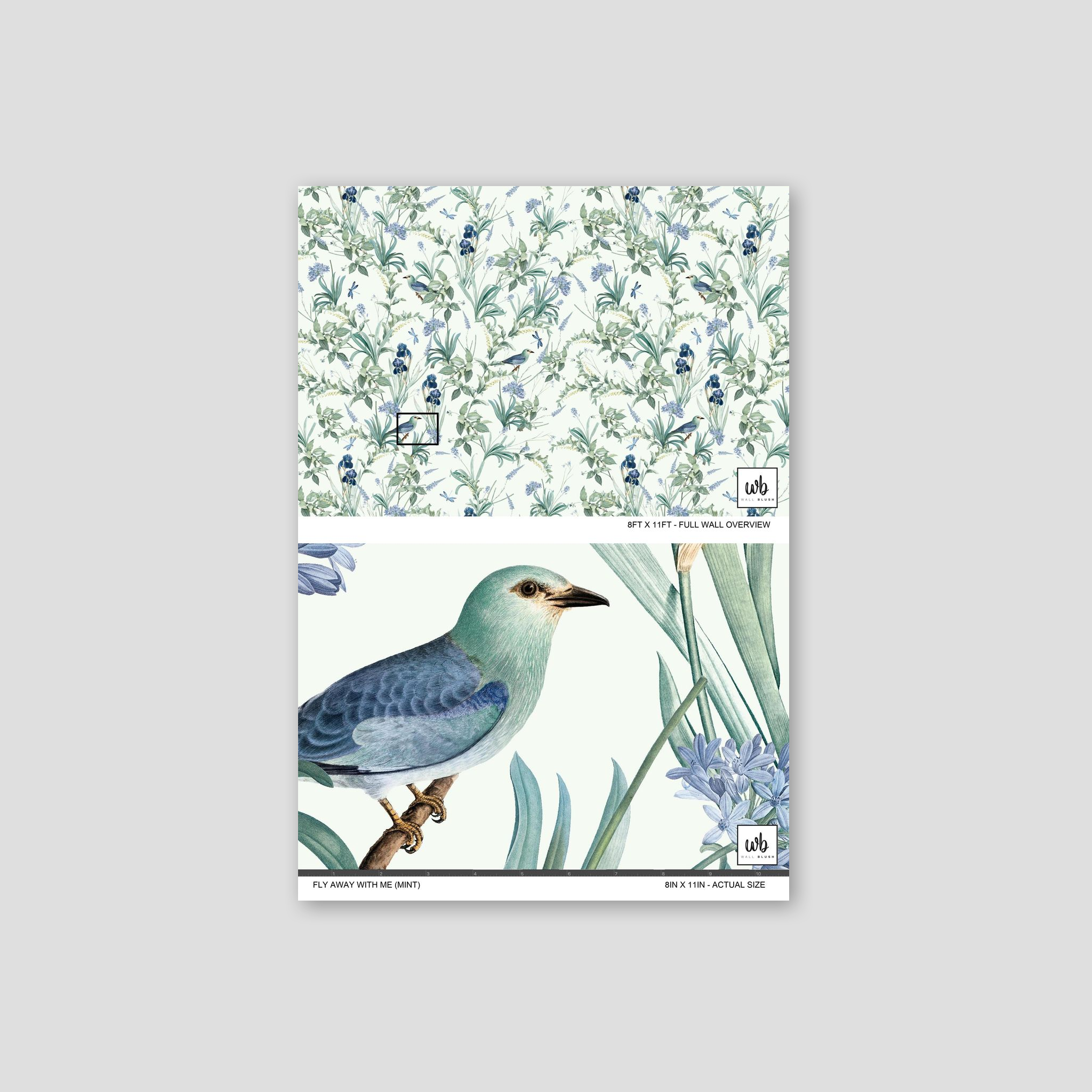 Mint green wallpaper with blue birds and botanical floral pattern.