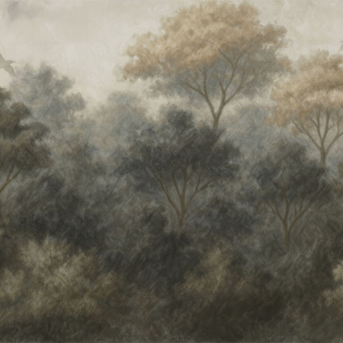 Misty forest scene wallpaper with muted greys and browns, featuring ethereal trees.