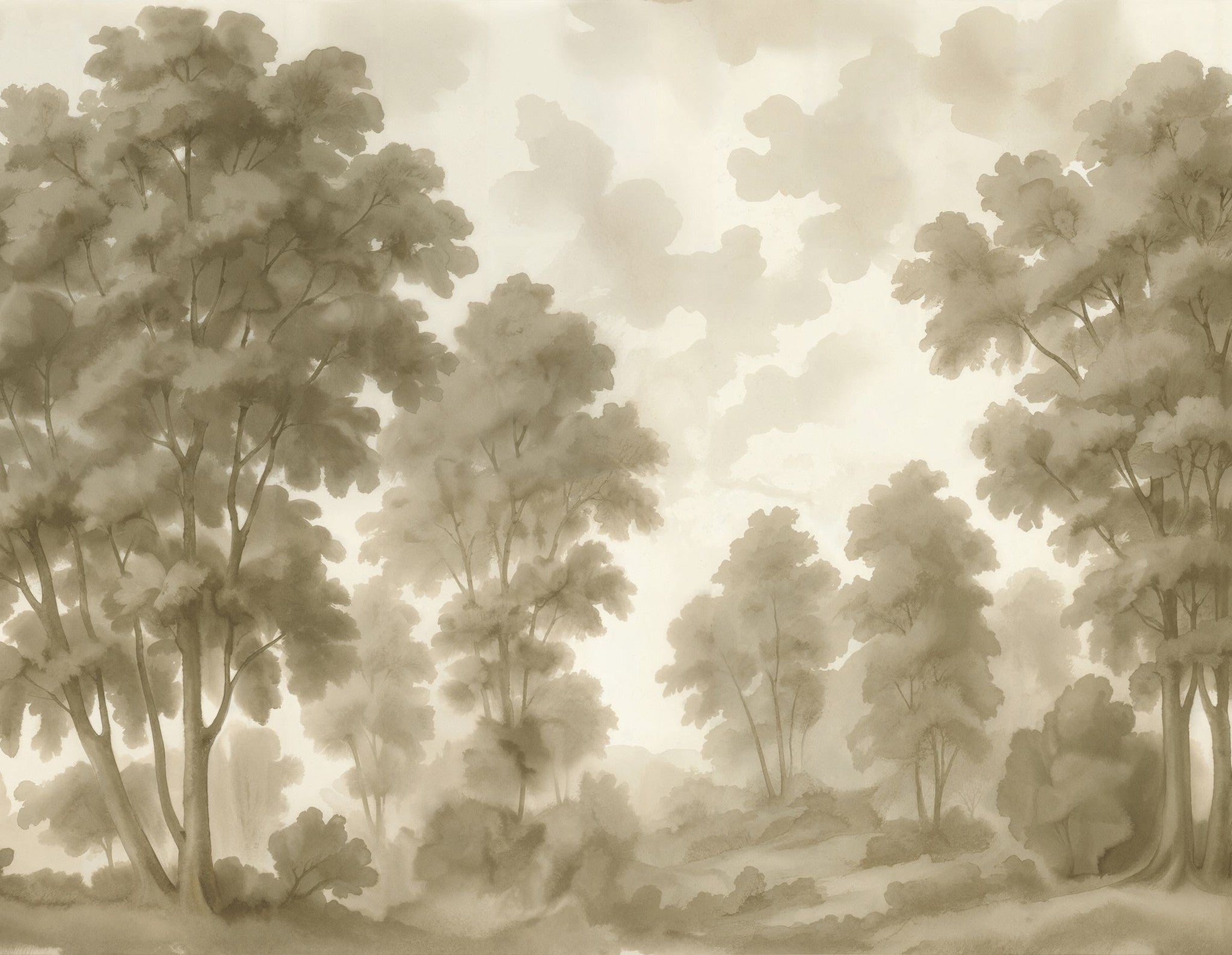 Misty Grove wallpaper with sepia tree silhouettes in a serene forest scene.