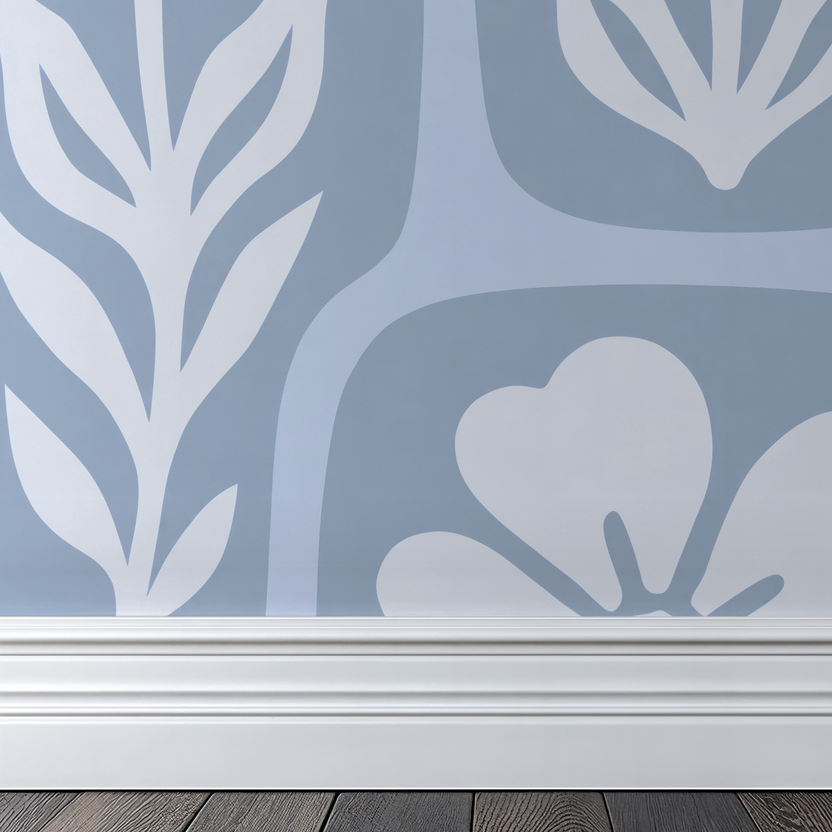 Mono blue floral wallpaper with abstract botanical motifs in a room setting.