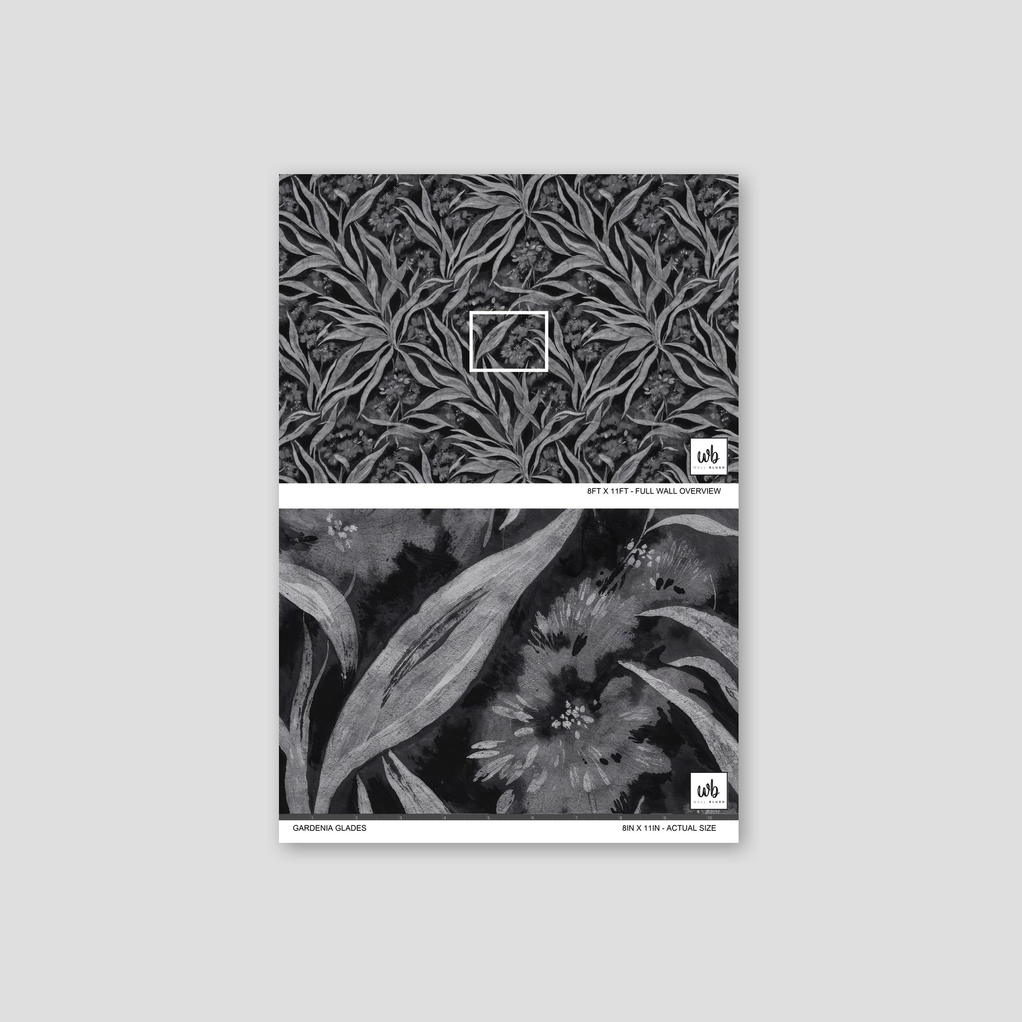 Monochrome foliage wallpaper sample with intricate grey leaves on dark background.