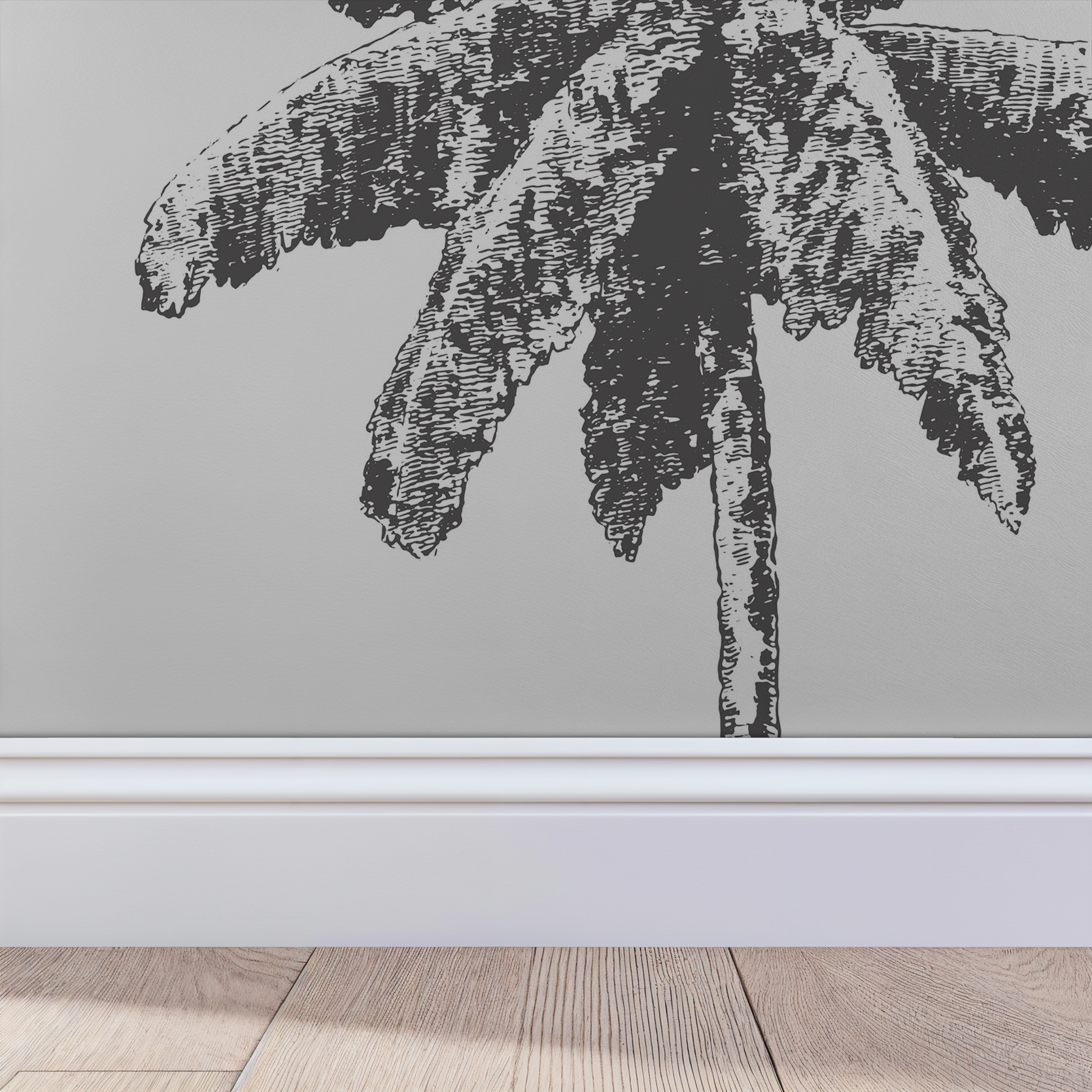 Monochrome palm tree sketch on Acacia wallpaper in modern room setting.