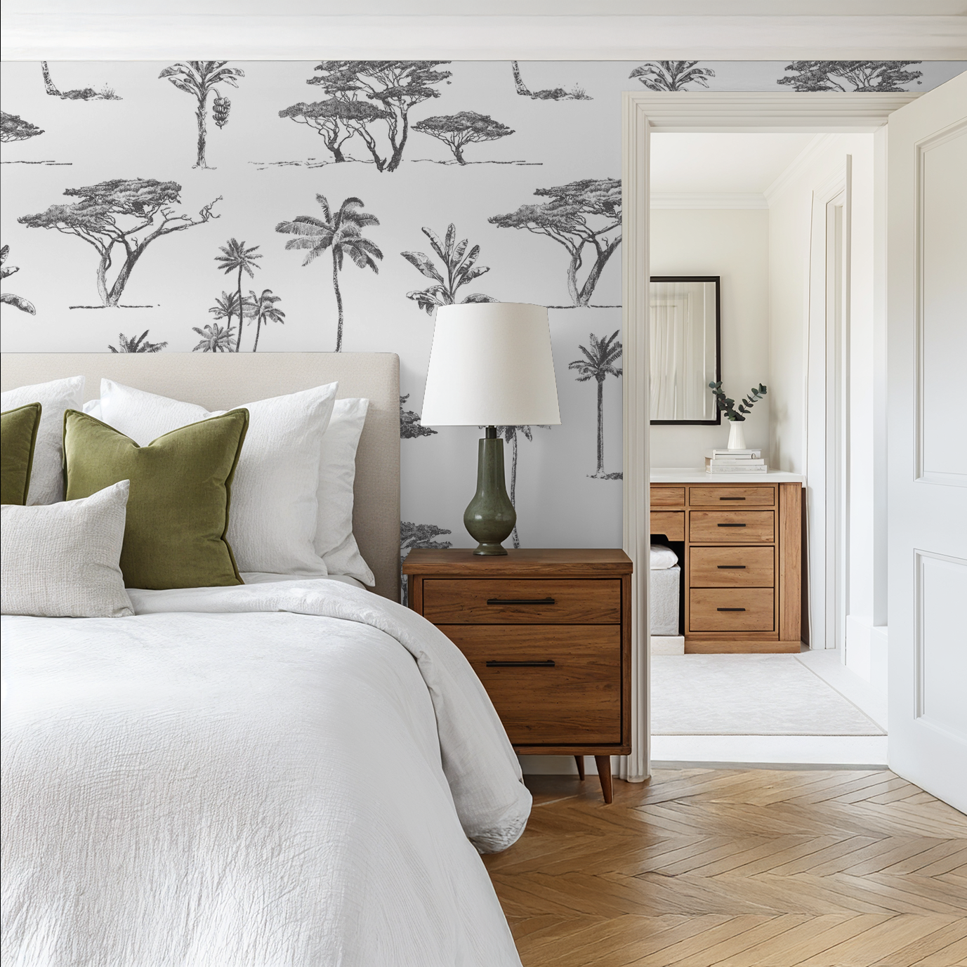 Monochrome tree sketch wallpaper in serene bedroom with wooden furniture.