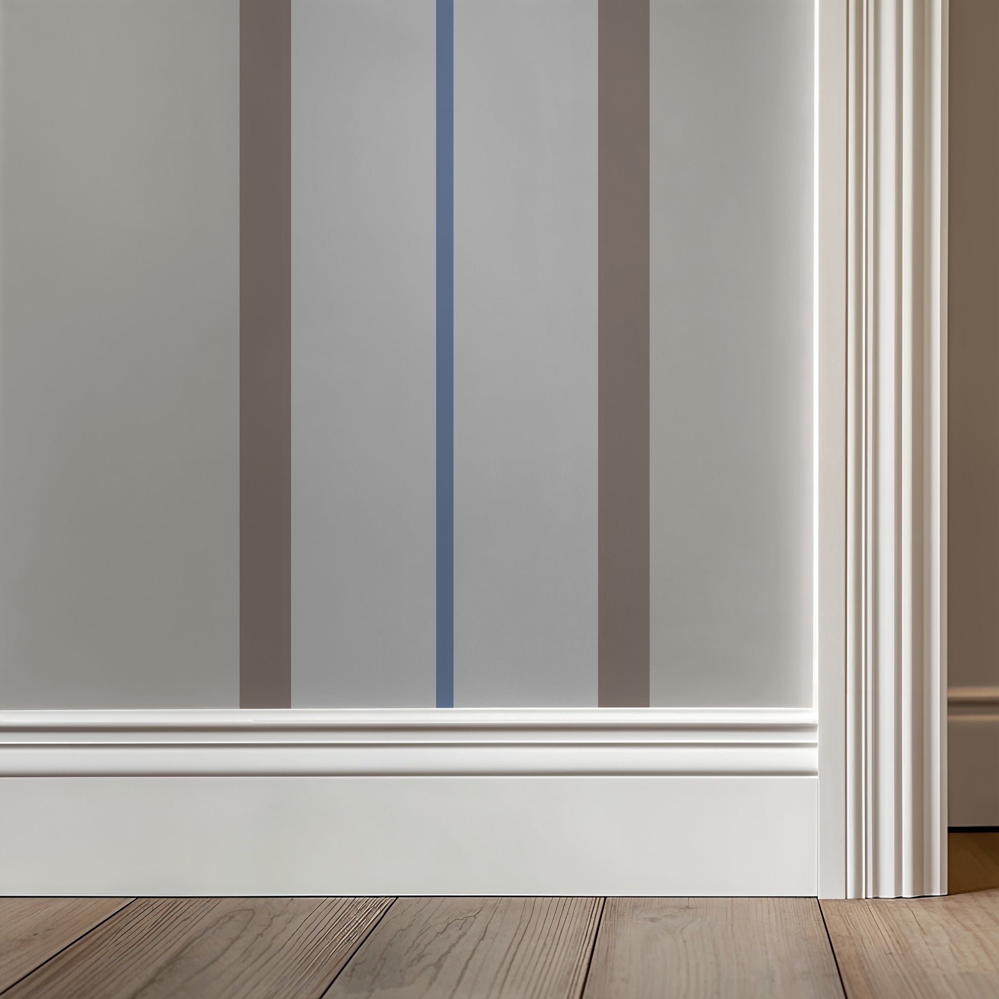 Montclair Stripes blue wallpaper with soft hues and delicate stripes in a modern room.
