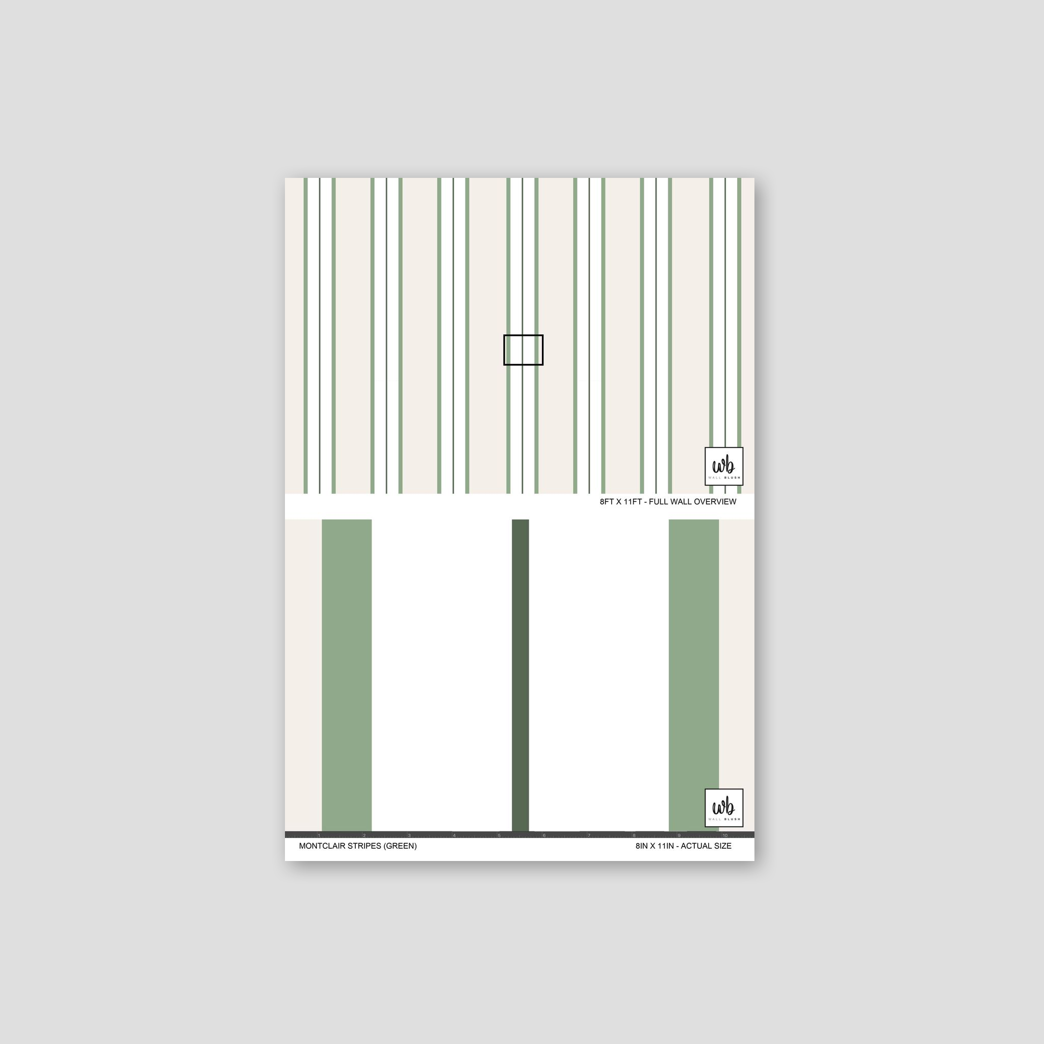 Montclair Stripes Green wallpaper sample with vertical green stripes on white background.