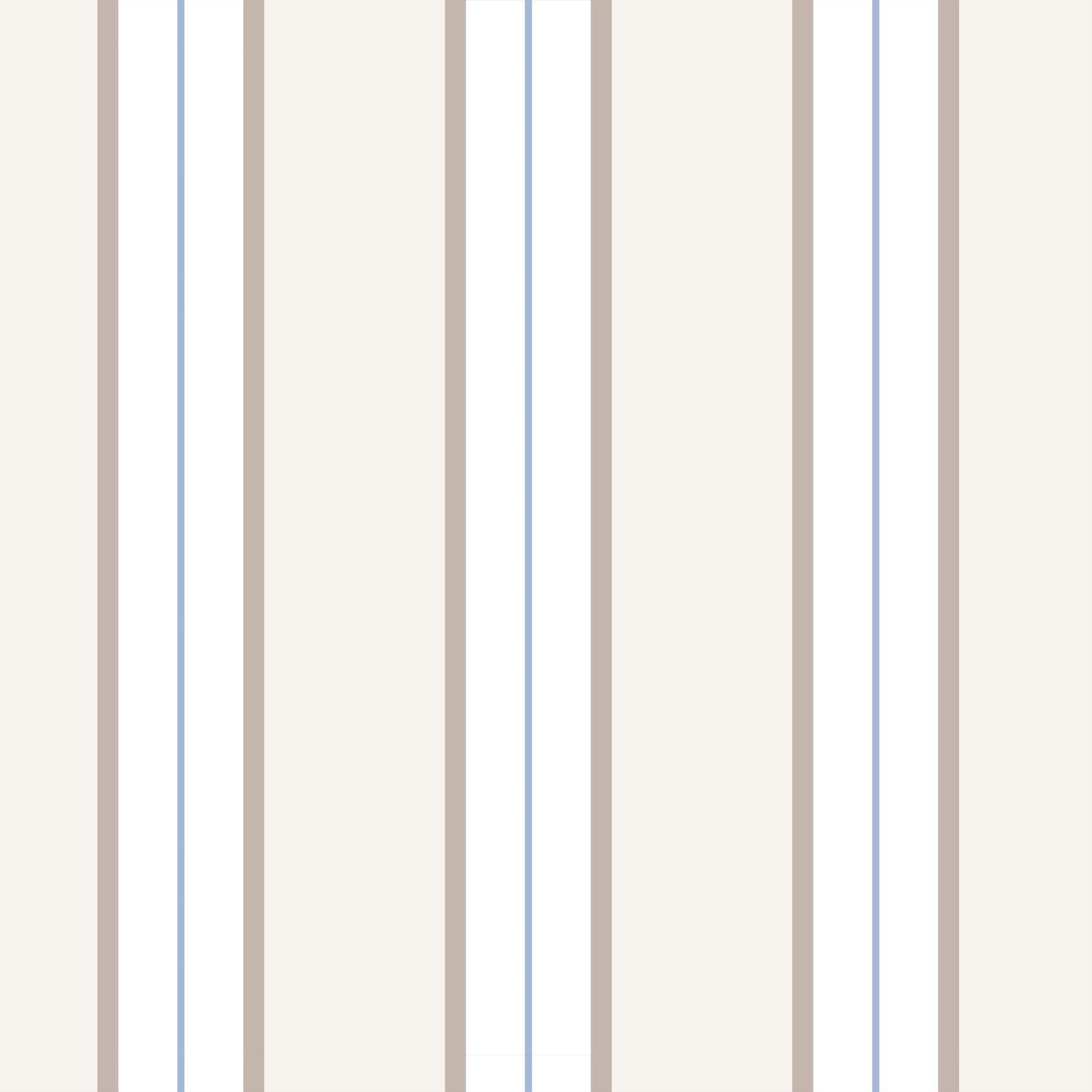 Montclair Stripes wallpaper with beige and blue vertical lines on white background.