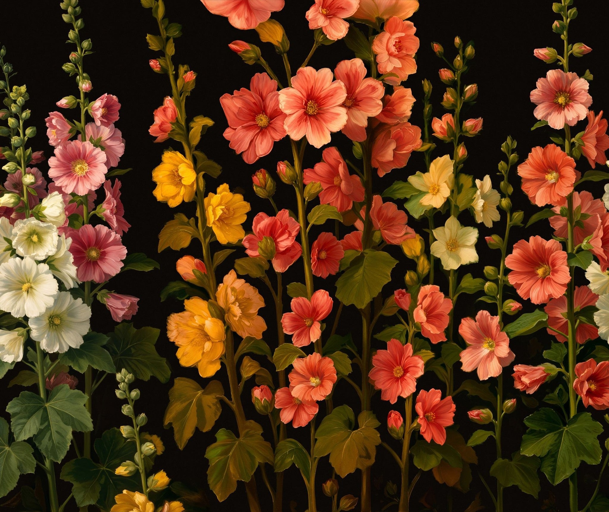 Moonlit Hollyhocks wallpaper with vibrant coral, yellow, and ivory flowers on black.