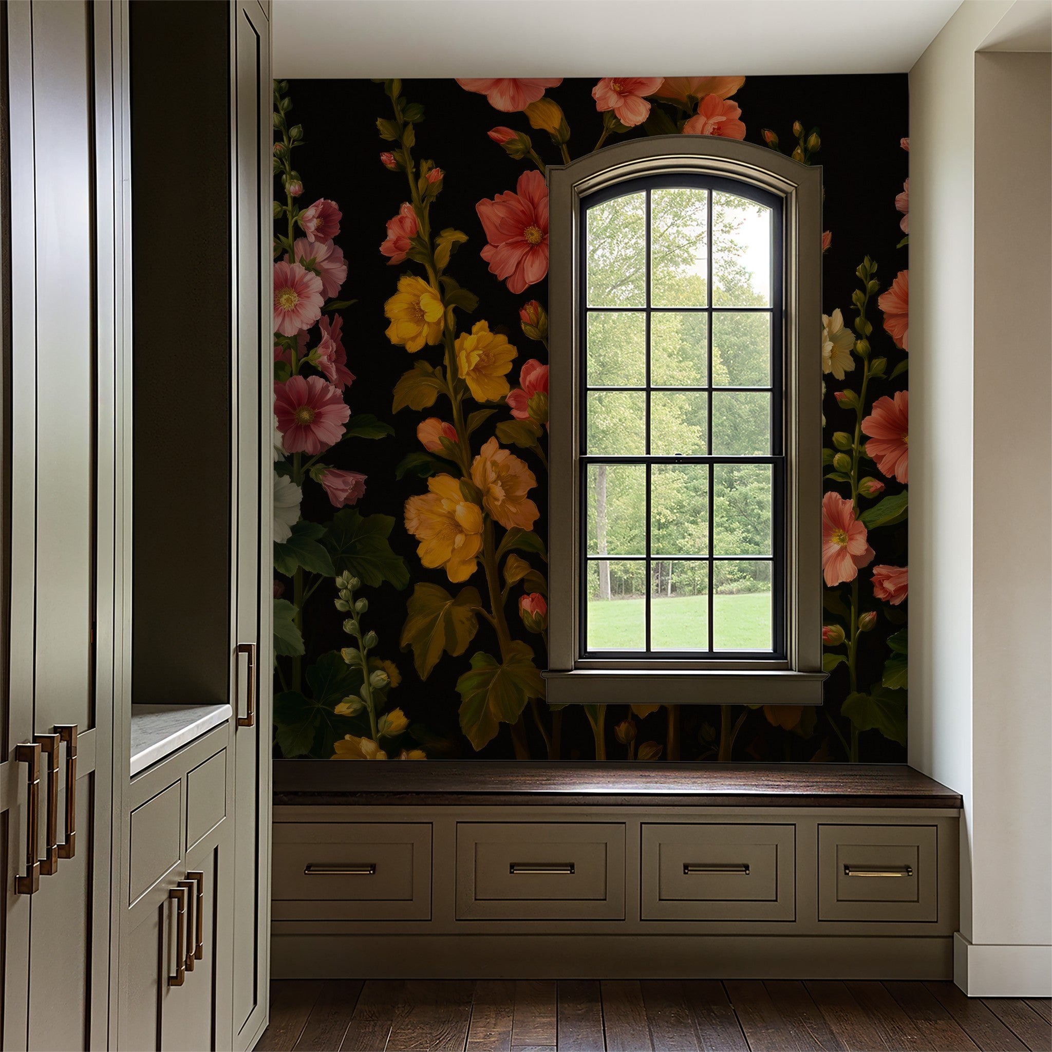 Moonlit Hollyhocks wallpaper with vibrant flowers on black in elegant room.