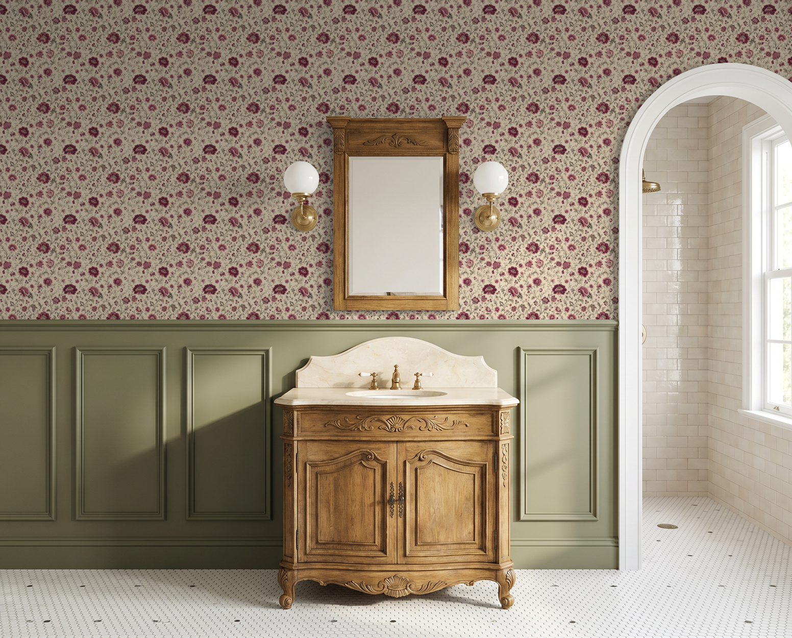 Mulberry Chintz floral wallpaper in vintage bathroom with wooden vanity.