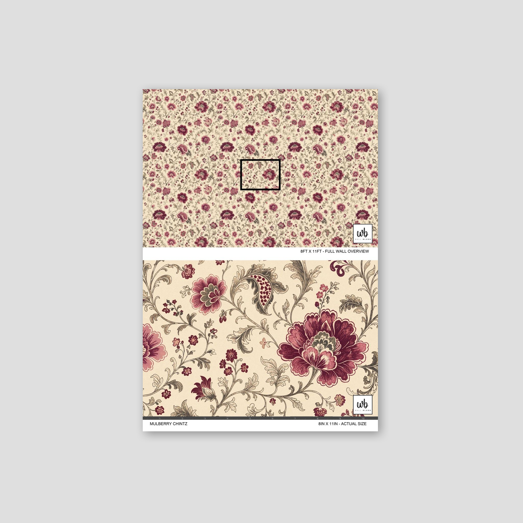 Mulberry Chintz wallpaper with maroon floral and vine pattern on a soft backdrop.