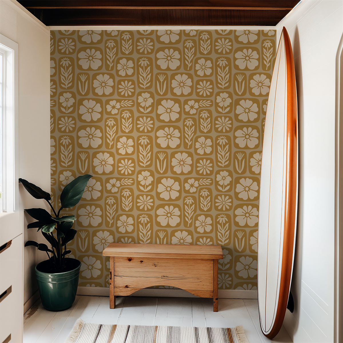 Mustard floral wallpaper with botanical motifs in a cozy room setting.