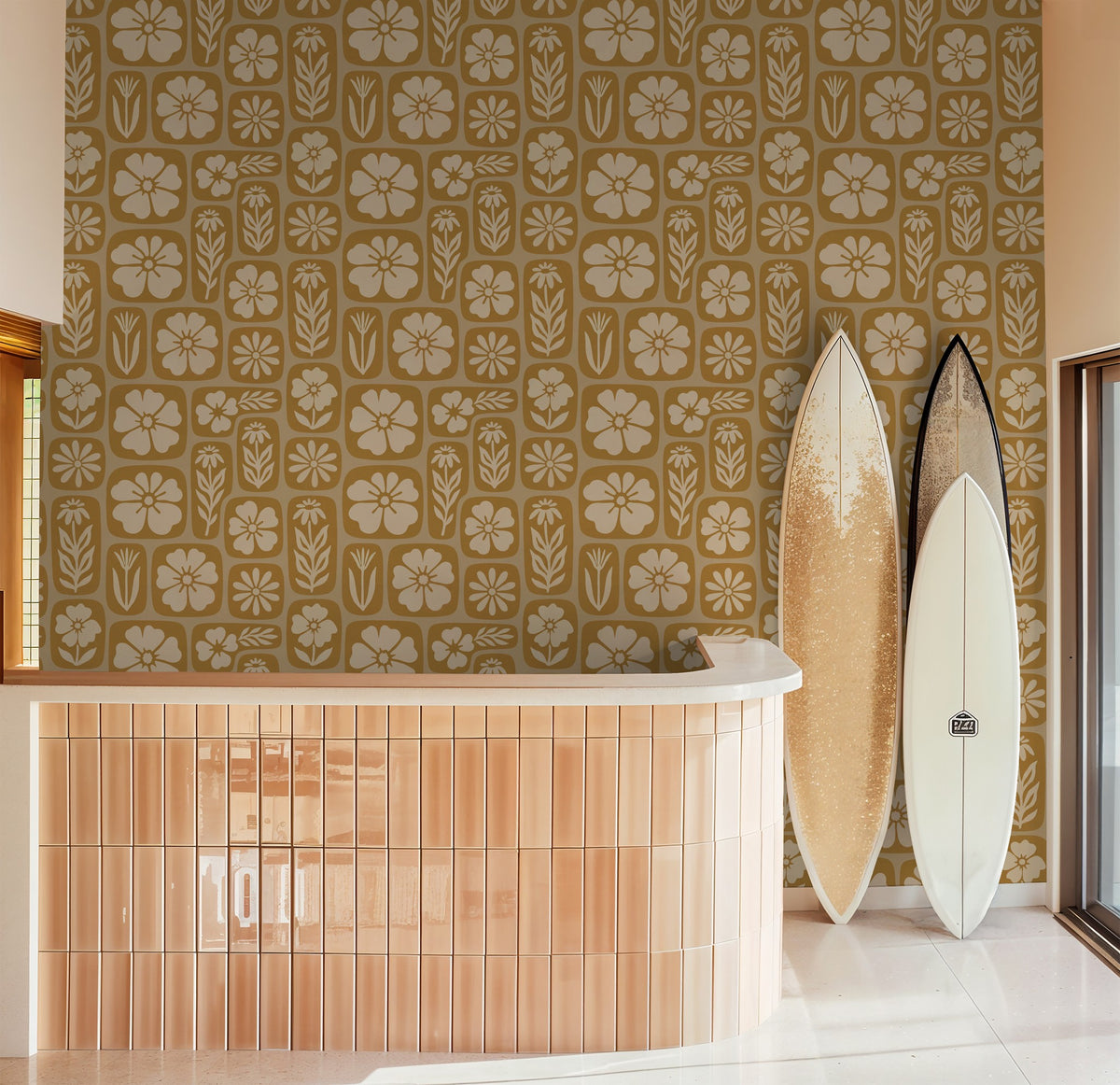 Mustard floral wallpaper with geometric patterns in modern room setting.
