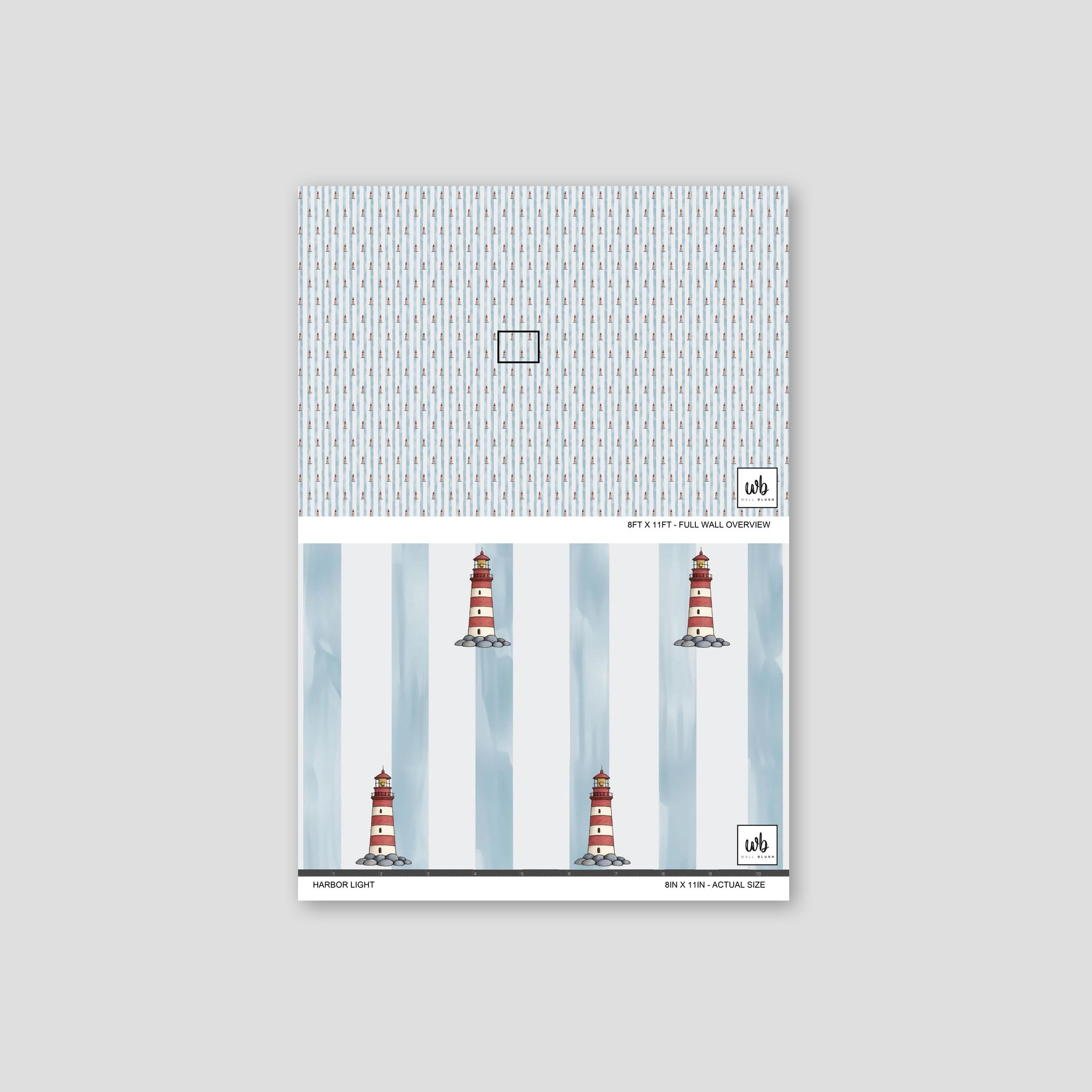 Nautical wallpaper with red and white lighthouses on blue stripes.