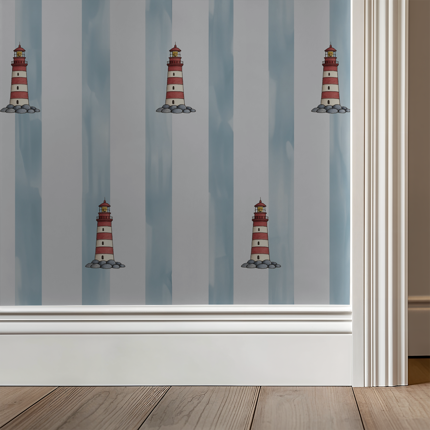 Nautical wallpaper with red lighthouses on blue stripes in a room setting.