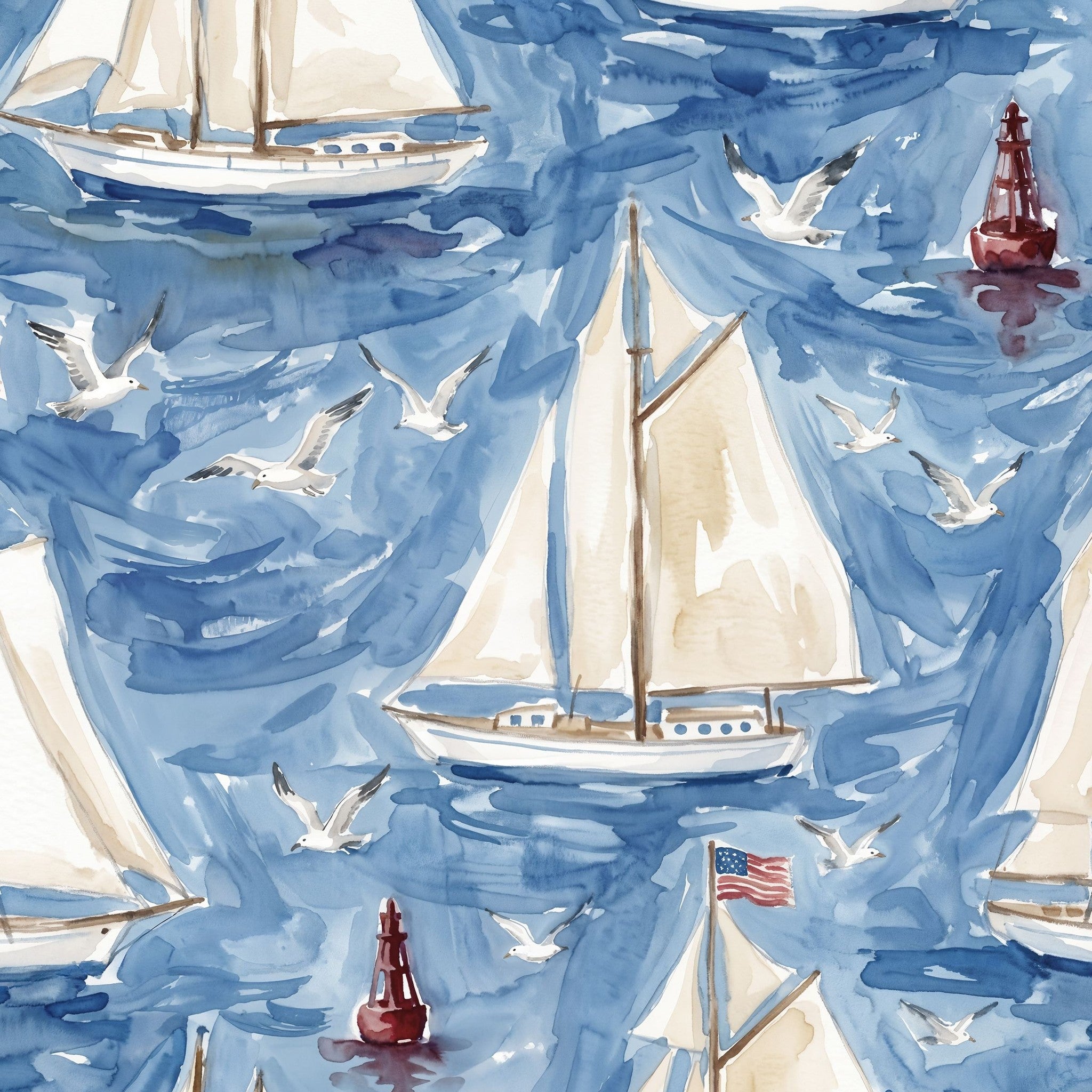 Nautical wallpaper with sailboats, seagulls, and buoys on a watercolor blue sea.