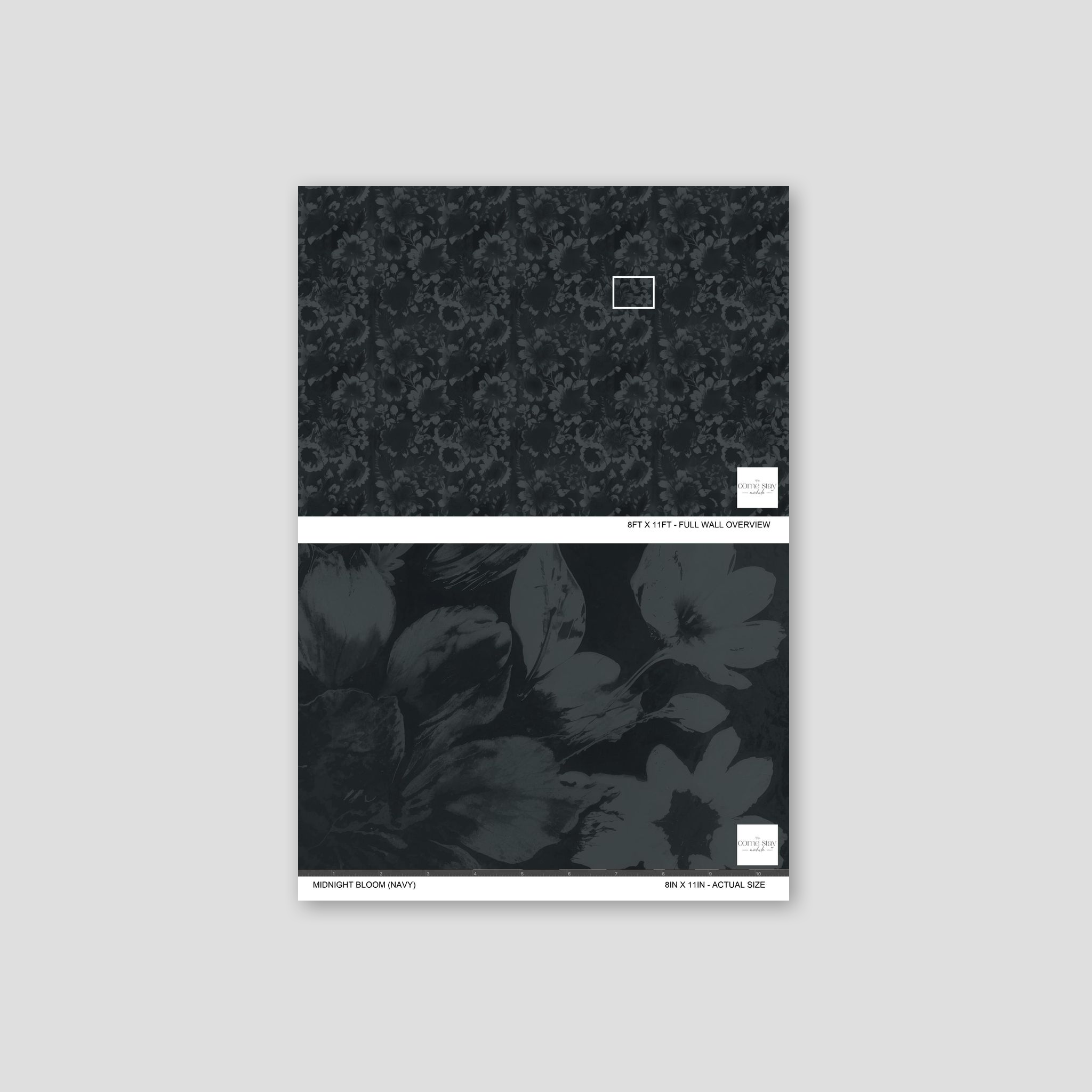 Navy floral wallpaper sample with shadowy blooms in silver and graphite.