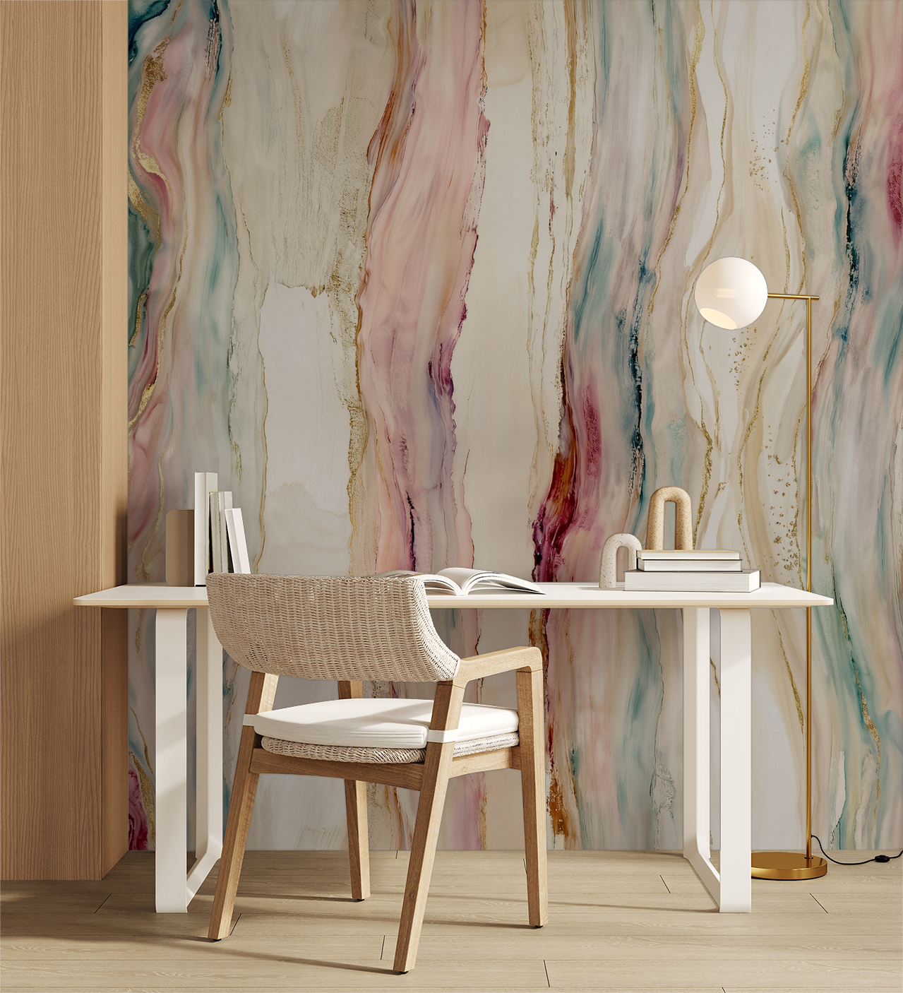 Abstract flowing wallpaper with gold accents in modern home office setting.
