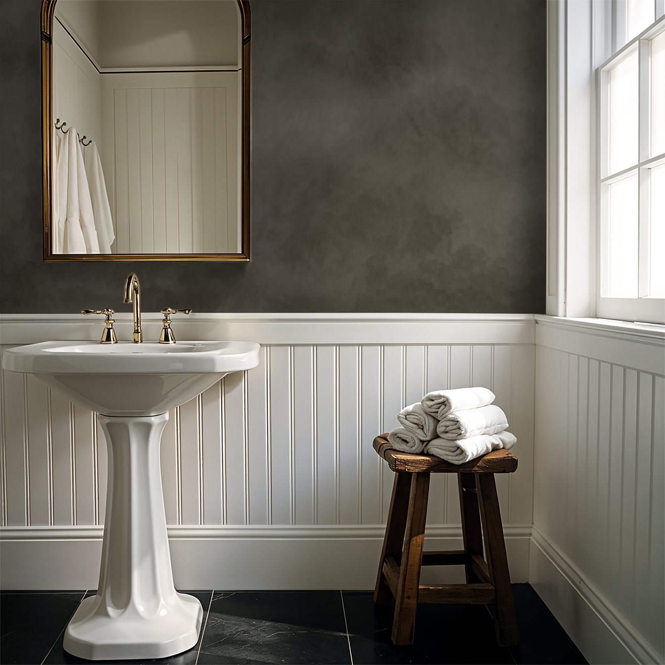 Olive abstract textured wallpaper in elegant bathroom with pedestal sink and wooden stool.