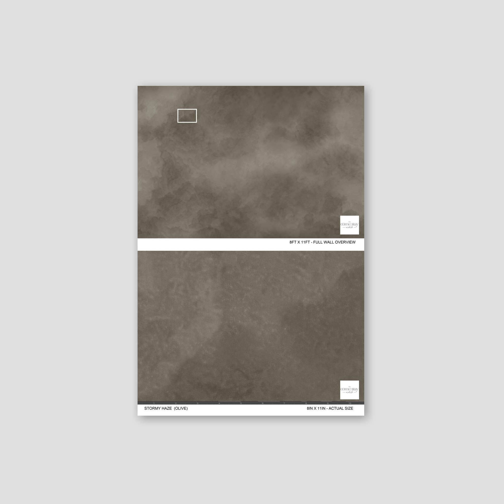 Olive abstract textured wallpaper sample with stormy cloud design.