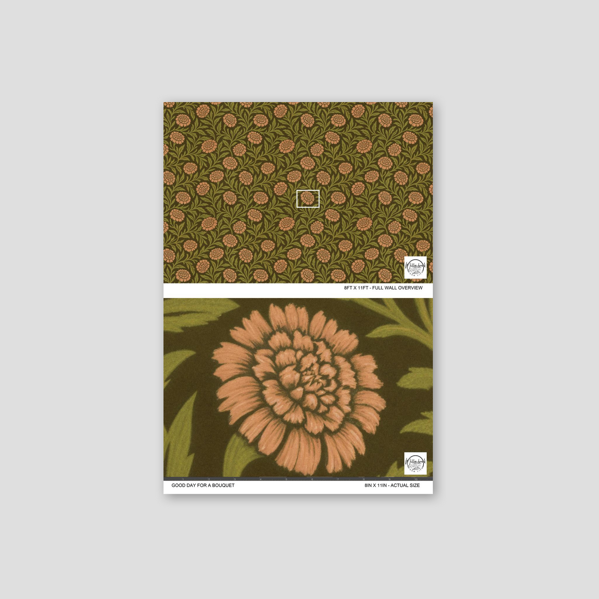 Olive wallpaper with pink floral pattern and green leaves, vintage style.