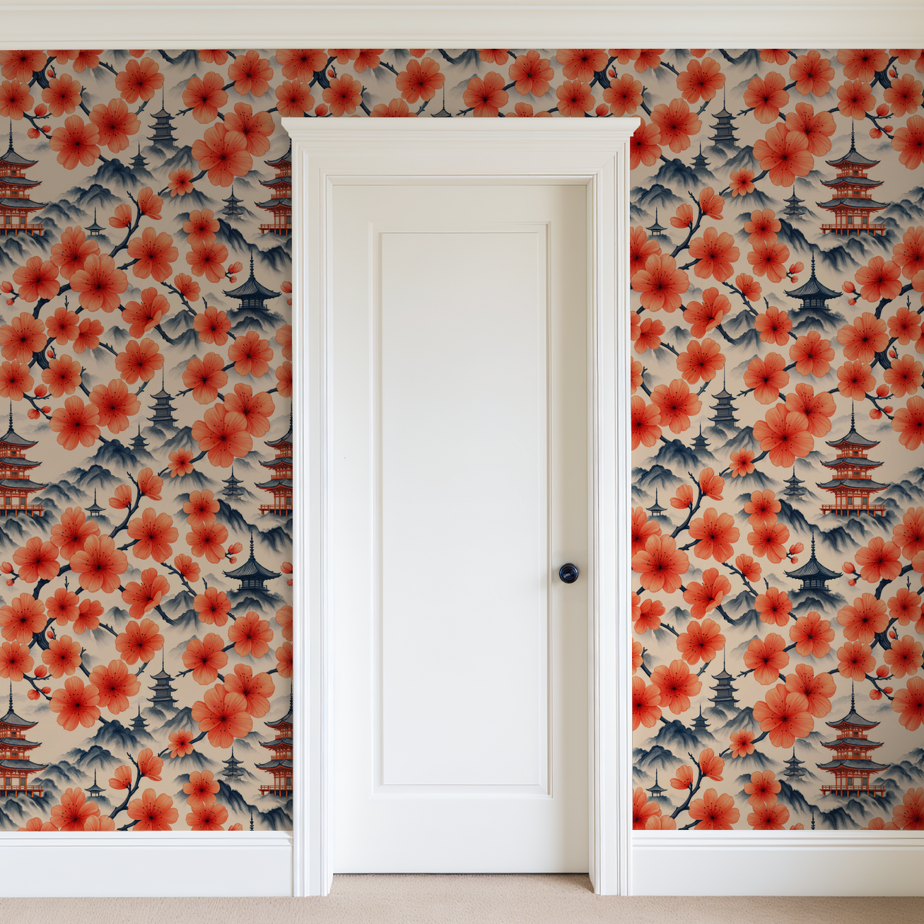 Oriental floral wallpaper with coral blossoms and pagodas in a modern room.