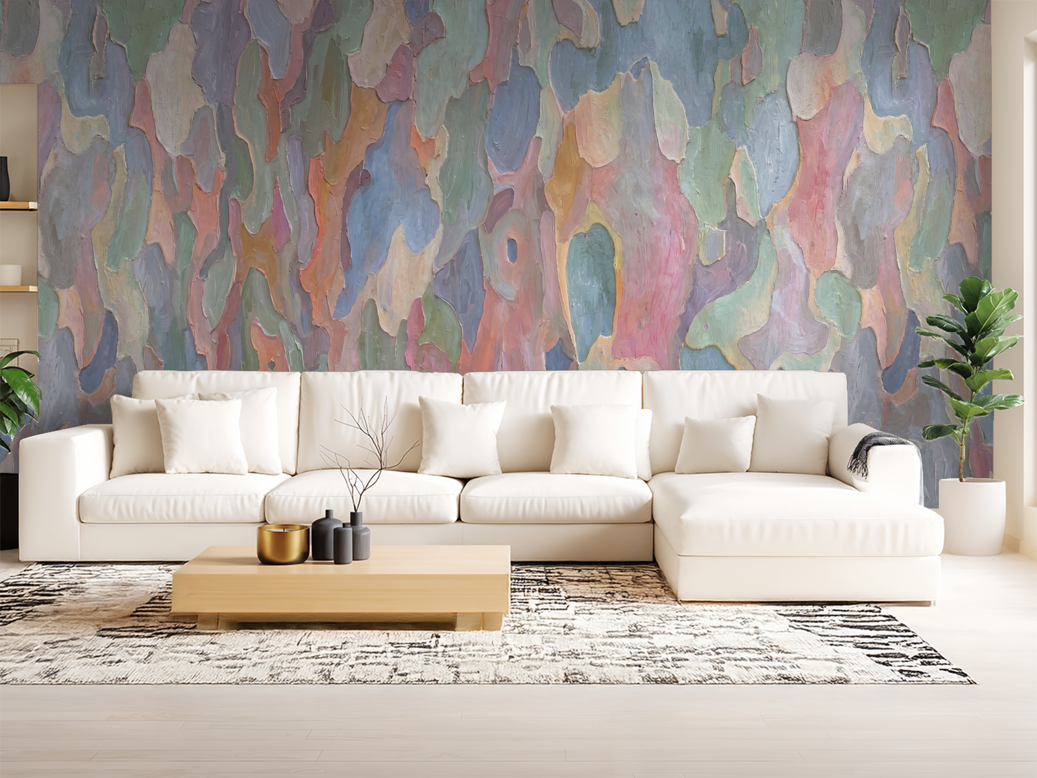 Pastel abstract wallpaper with flowing forms in living room setting.
