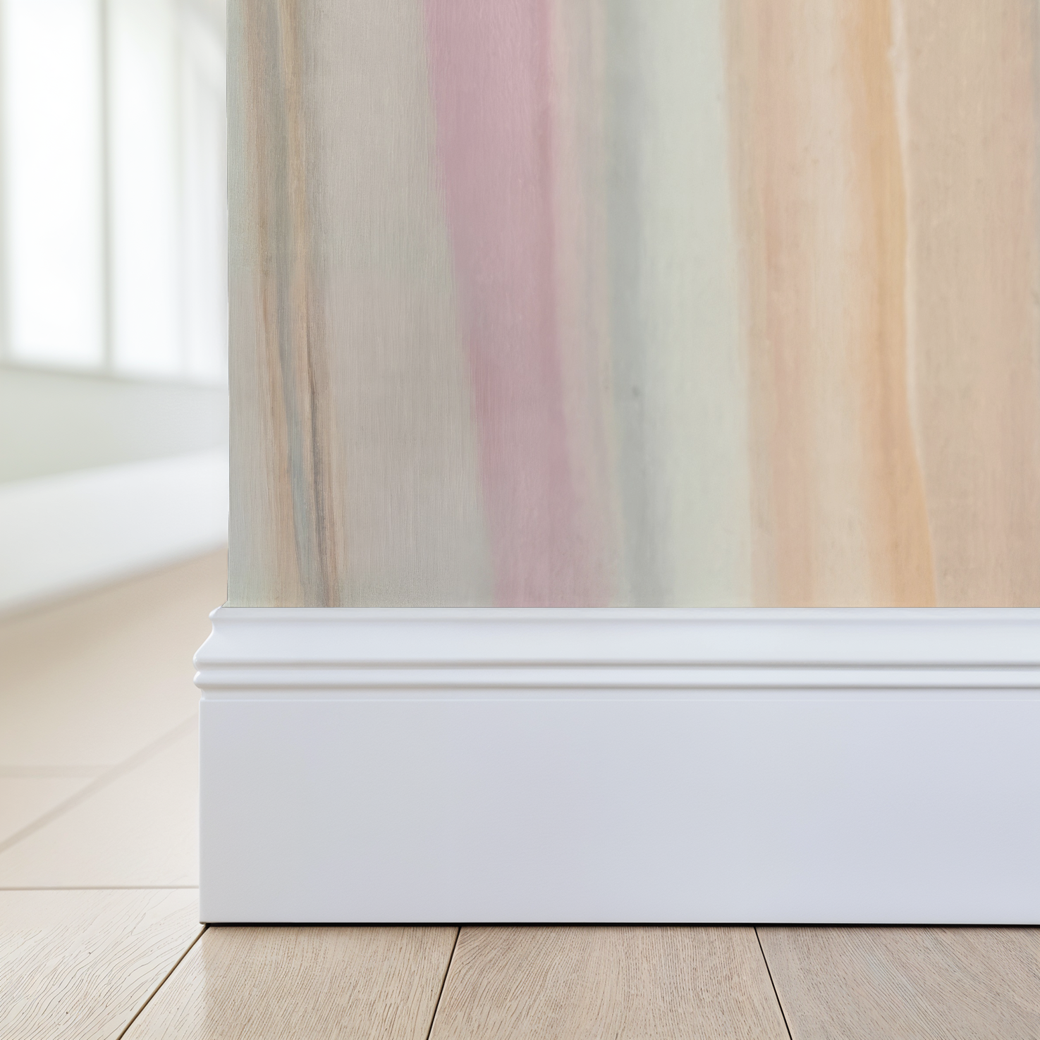 Pastel flowing line wallpaper in soft hues with white baseboard