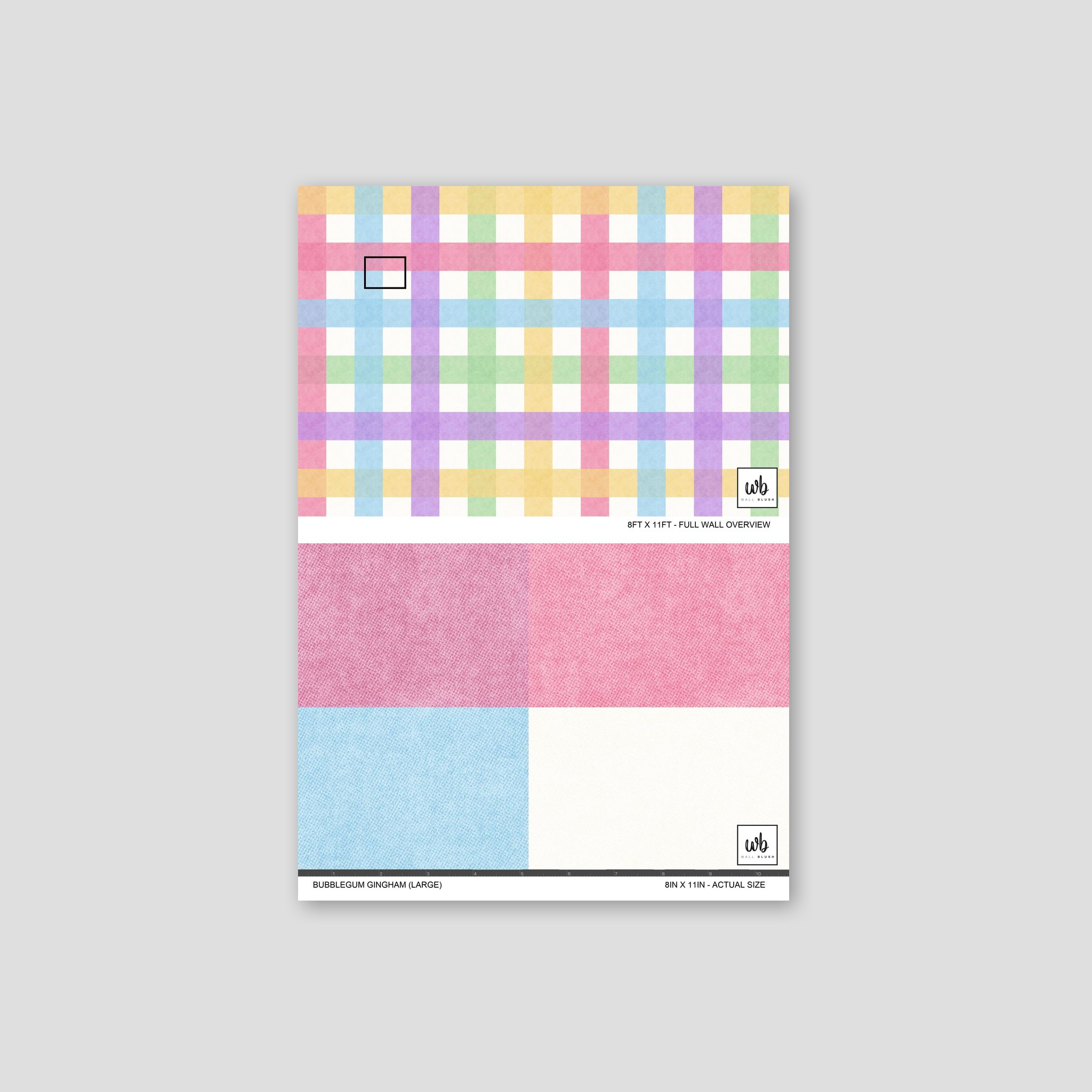 Pastel gingham wallpaper sample with pink, blue, green, and yellow checks.