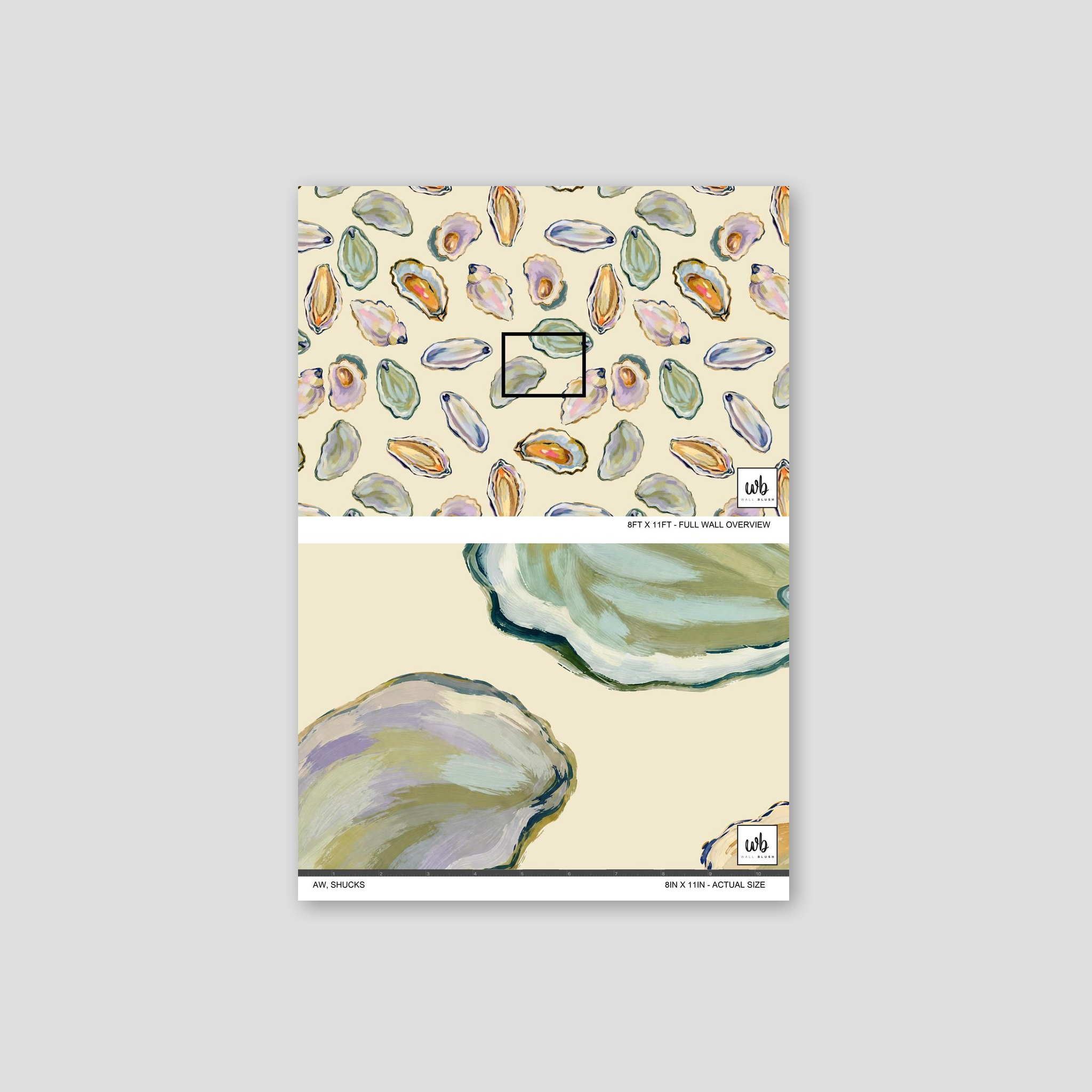 Pastel shell pattern wallpaper sample with coastal theme.