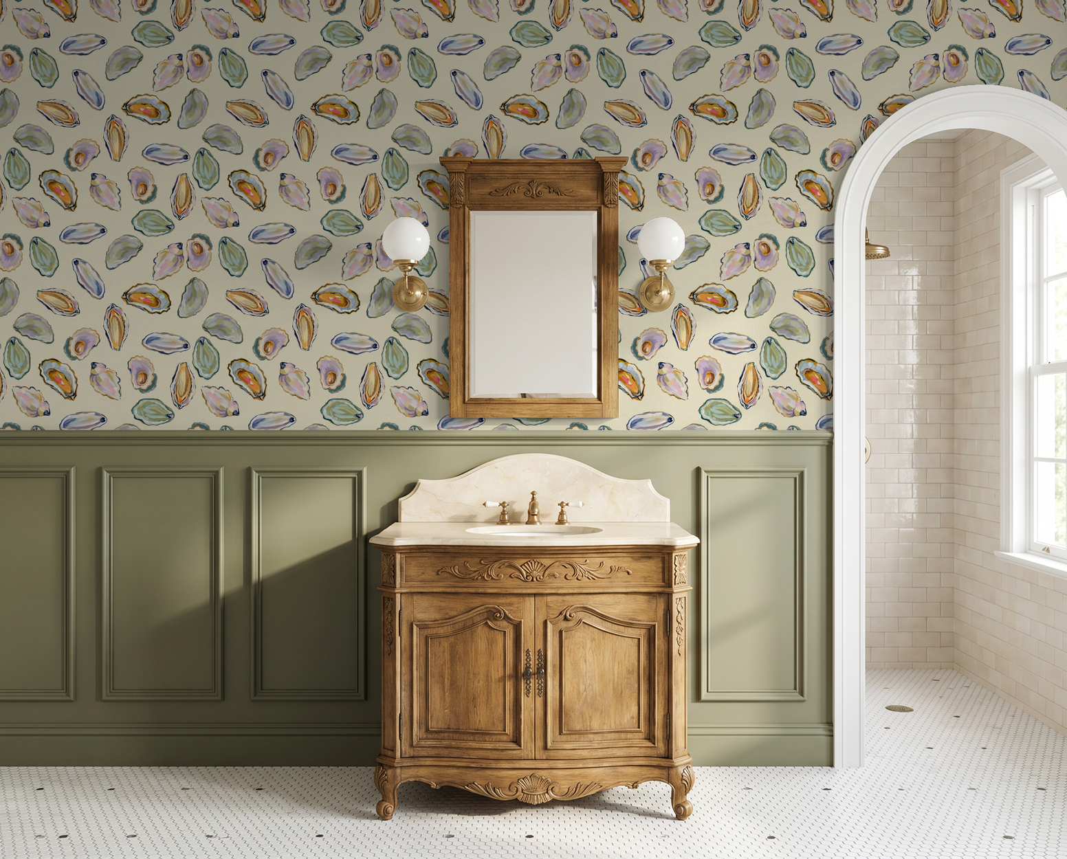 Coastal shell pattern wallpaper in pastel tones in elegant bathroom setting.