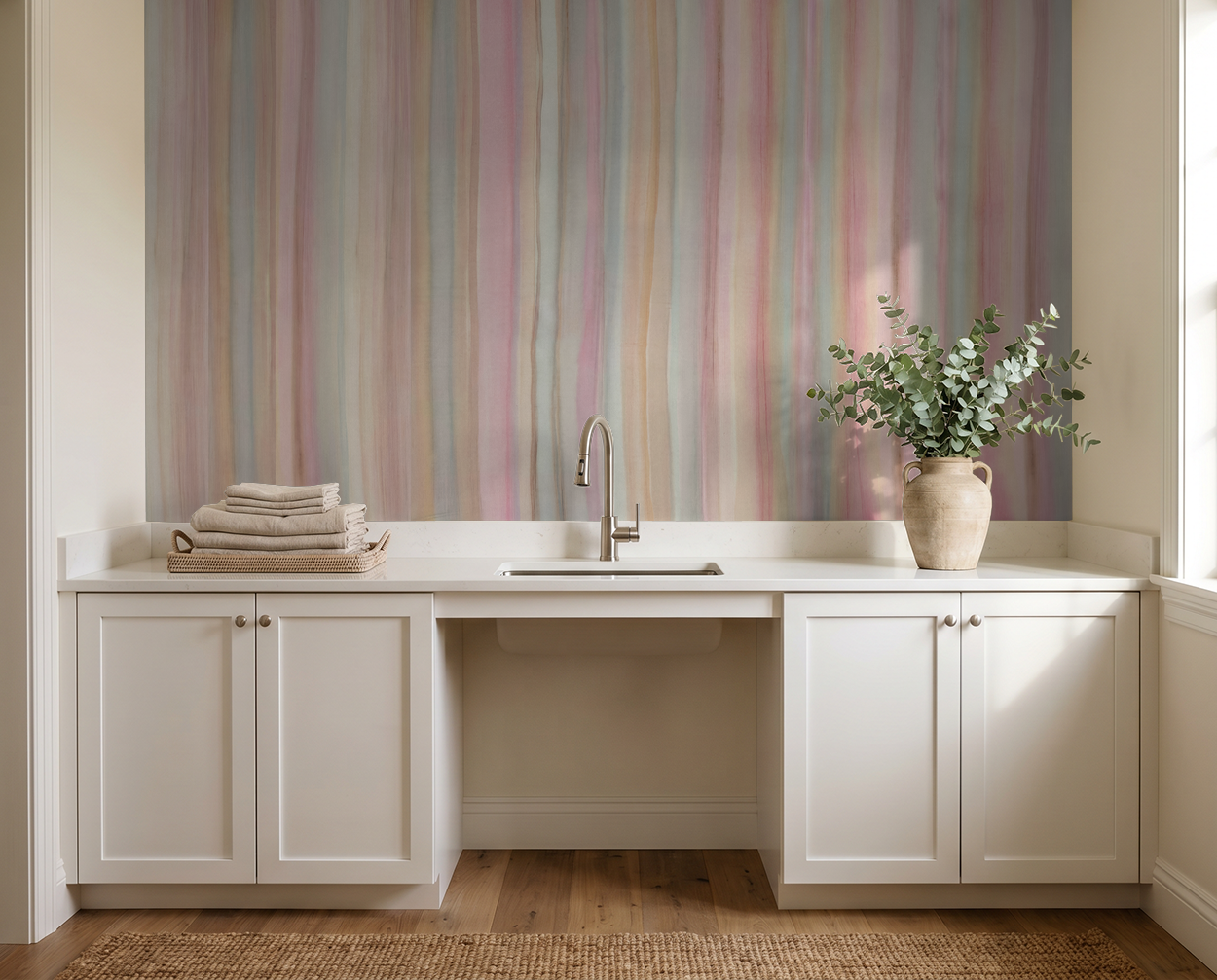 Pastel striped wallpaper in serene laundry room with white cabinets and sink.