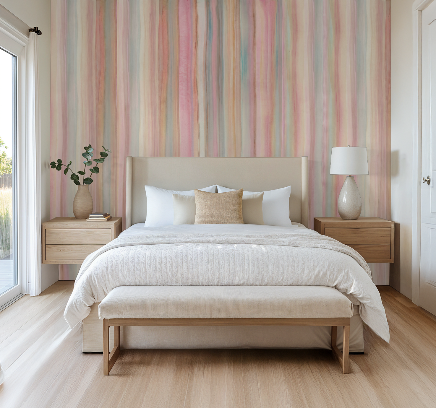 Pastel striped wallpaper in serene bedroom with neutral decor.