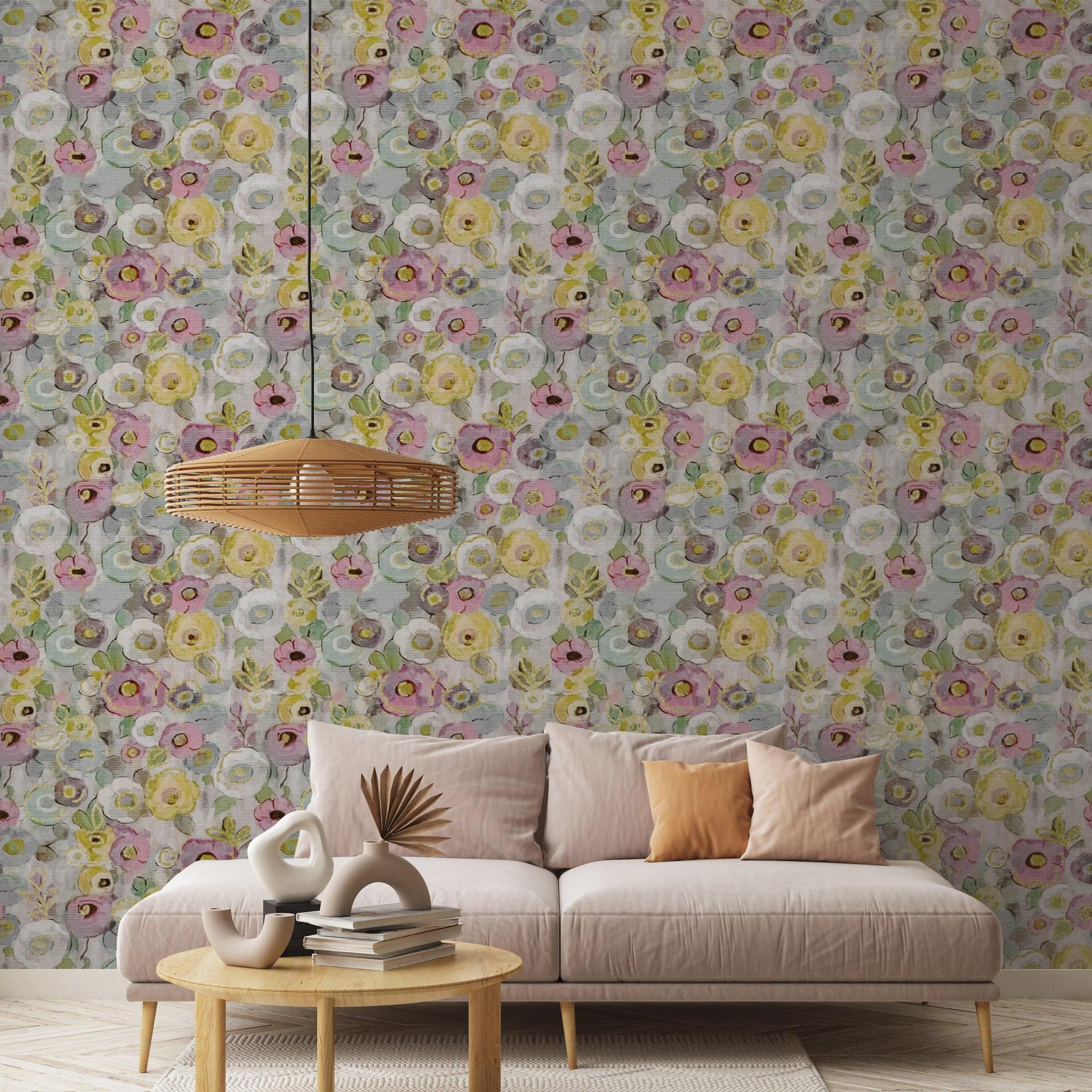 Phoebe Wallpaper from Wall Blush SG02 accentuates a cozy living room setting with a floral pattern.