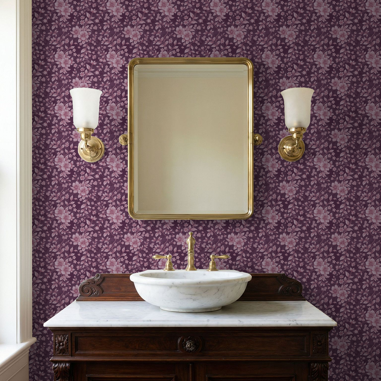Pink floral wallpaper with deep purple background in elegant bathroom setting.