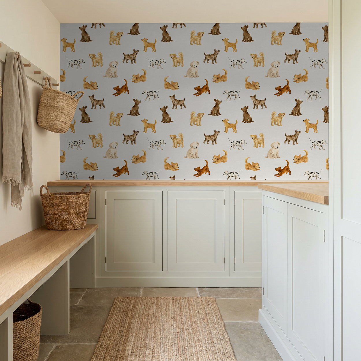 Playful dog pattern wallpaper in mudroom with light cabinets and natural decor.