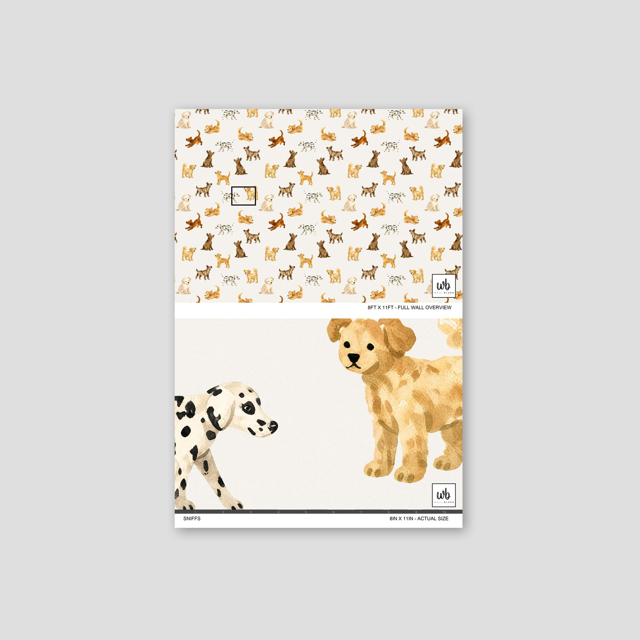 Playful dog pattern wallpaper with watercolor puppies in brown and white tones.