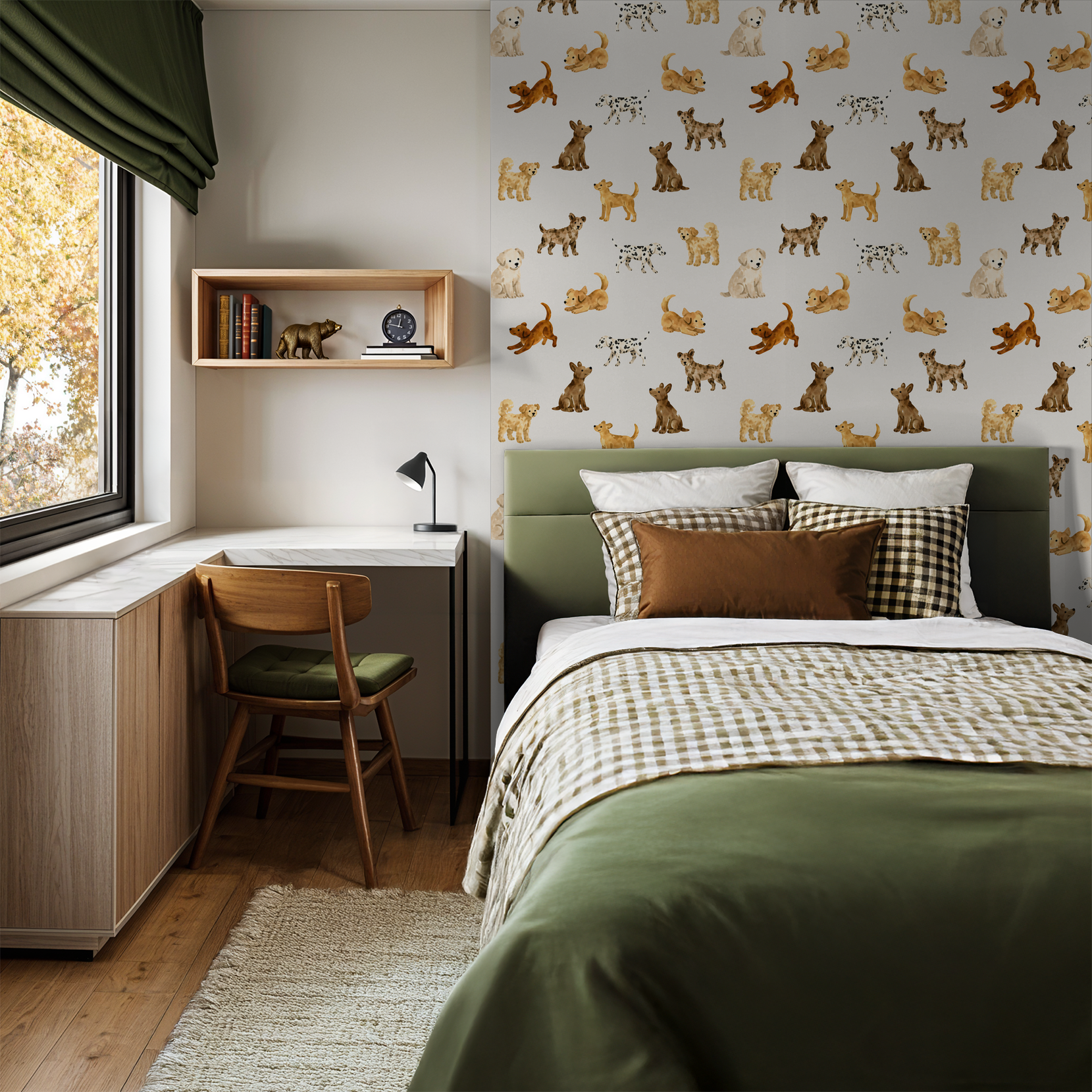 Playful dog-themed wallpaper in a cozy bedroom with green accents.