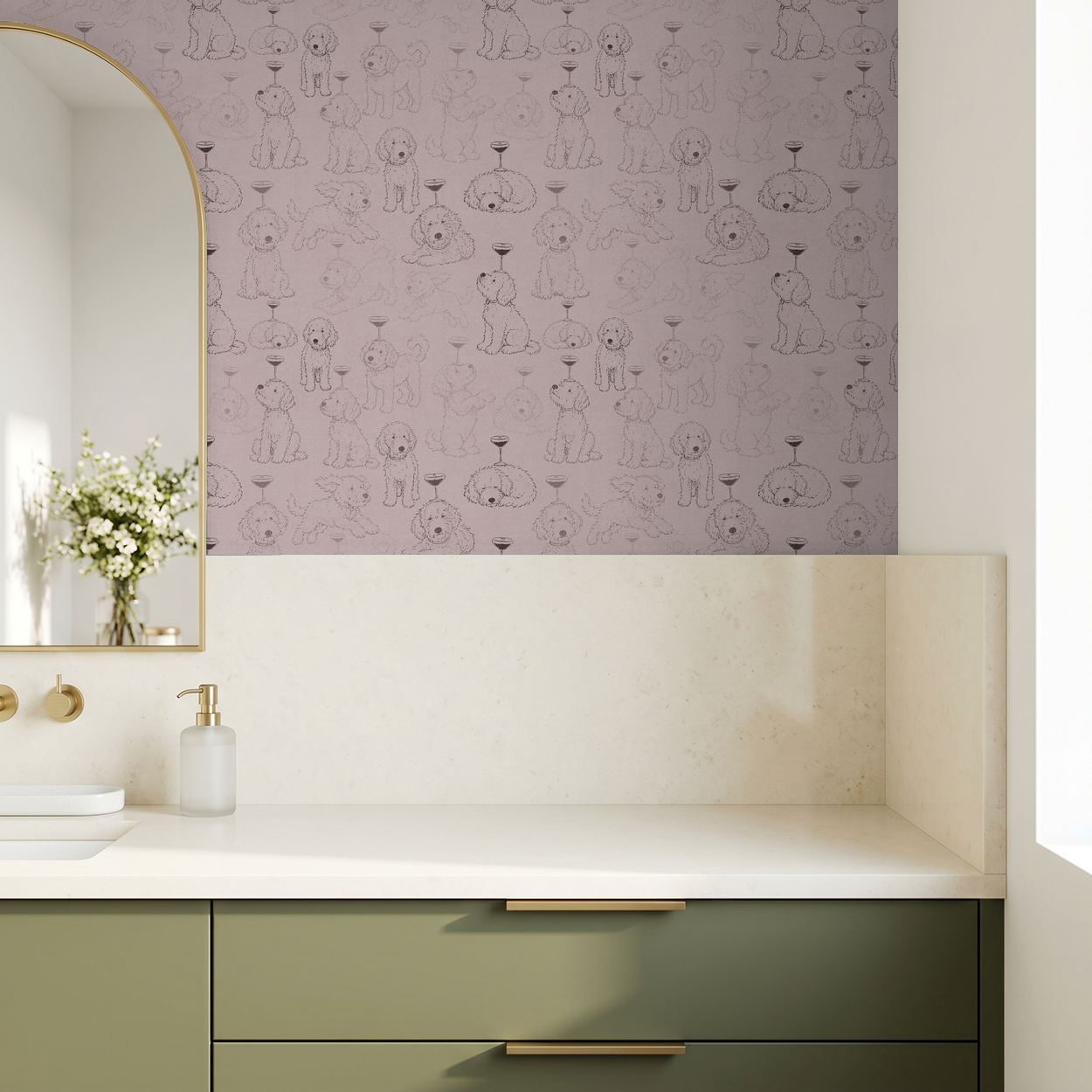 Playful dog wallpaper with pink background in modern bathroom setting.